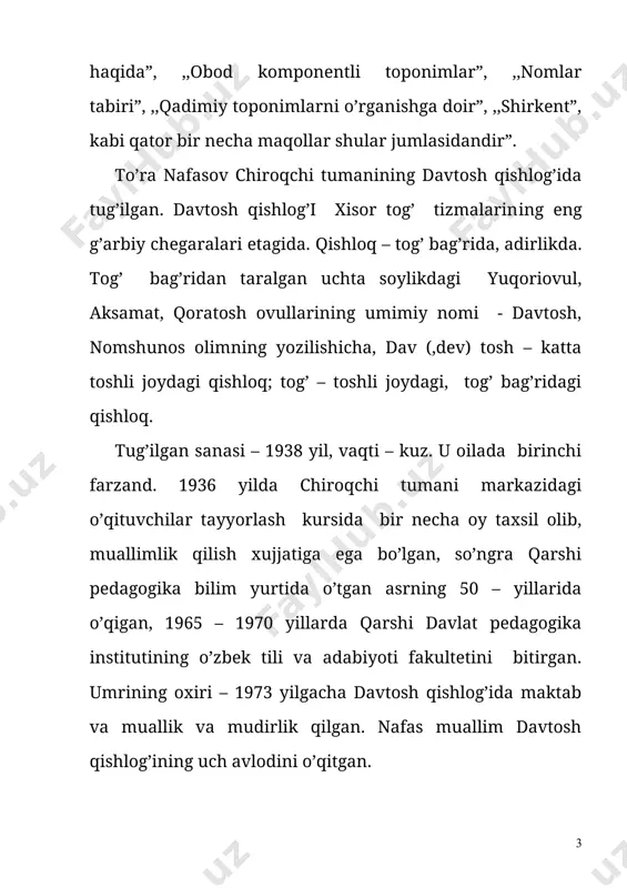 bilan onomastik yo’nalishdagi atoqli otlarning yasalishi bir – biriga teng, mos yasalish xodisalari emas. ii. toponimiya ilmining mohir tadqiqotchisi toponimlar til fakti sifatida tilshunos olimlarning xam e’tiborini o’ziga qaratdi. o’tgan asrning 50 – yillariga kelib, tilshunos olimlarimiz joy nomlarini muntazam tekshirish obyektiga aylantirib, ularning lisoniy va nolisoniy xususiyatlari, kelib chiqish tarixini yorita boshladilar. ular tadqiqlar natijasida toshkent, samarqand, buxoro, farg’ona, qarshi, vodiy, beshkent, jizzax, qipchoq, parkent nayman, o’zgan kabi qancha toponimlar etomologiyasini ochib berishga xarakat qildilar. nomshunos olim to’ra nafasovning bu tadqiqoti o’zbekiston toponimlarning tadqiqiga bag’ishlangan keyingi barcha ishlarga asos va manba bo’lib xizmat qildi. shuning uchun bo’lsa kerak. o’zbekiston toponimlarini o’rganish bilan shug’ullanayotgan barcha tadqiqotchi olimlar to’ra nafasovni xaqli ravishda o’zlariga ustoz deb biladilar. onomastik lug’atlar – o’zbek lug’atchiligining nisbatan yangi turi. apelyativ leksik lug’atlarning ko’pgina turlari yaratilgan bo’lsa – da, ollar tuzishning nazariy va amaliy jihatlari ishlab chiqilmagan. ollarning nisbatan kam yaratilganligining sababi tildagi atoqli otlarning xalq nutqidan …