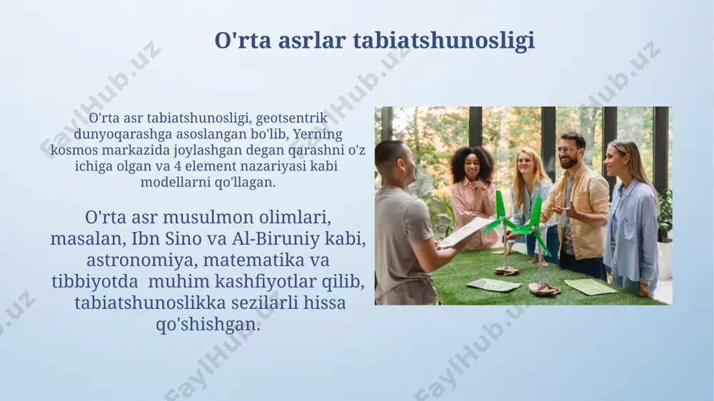 utafakkirlarining falsafiy qarashlari tabiatga inson munosabatini shakllantirishda muhim rol o'ynagan, ekologik ongning rivojlanishiga 20% hissa qo'shgan. tabiatni muhofaza qilish falsafasi tabiatni muhofaza qilish falsafasi, atrof-muhitni ifloslantirishning iqtisodiy va ijtimoiy oqibatlarini o‘rganadigan ekonomika va sosiologiya kabi fanlar bilan chambarchas bog‘liq bo‘lib, ularning 70%dan ortig'i atrof-muhit muhofazasi strategiyasini ishlab chiqishda qo‘llaniladi. tabiatni muhofaza qilish falsafasi, 19-asr oxiri va 20-asr boshlarida paydo bo‘lgan ekologik harakatlarning rivojlanishiga katta ta’sir ko‘rsatdi, bu davrda atrof-muhitni muhofaza qilish masalalari jamiyat e’tiborini jalb qila boshladi. an'anaviy ekologiya falsafasi tabiiy resurslarni boshqarish bo'yicha an'anaviy yondashuvlar, 500 yildan ortiq davom etgan iqtisodiy rivojlanish modellarini o'z ichiga olib, bugungi ekologik inqirozga sabab bo'ldi. an'anaviy ekologiya falsafasi, biotsentristik va ekotsentristik qarashlarni birlashtirib, tabiatni 7 ta asosiy tarkibiy qism sifatida ko'rib chiqadi. e'tiboringiz uchun rahmat @taqdimot_robot image4.png image5.jpg image6.jpg image7.jpg image8.jpg image9.jpg image10.jpg image11.jpg image12.jpg image13.jpg image14.jpg image15.jpg image16.jpg image3.jpeg