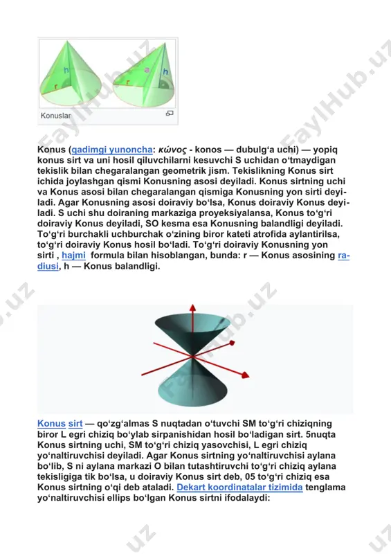 li, konusning hamma yasovchilari bu nuqtadan o'tadi. konusning hamma yasovchilari o‘tuvchi nuqta uning uchi deb ataladi. ta’rif. konusni uning uchidan o ‘jmaydigan tekisliklar bilan kesish natijasida hosil bo ‘igan chiziqlar konus kesimlar deyiladi. teorema. aylanadan boshqa hamma konus kesimlar tekislikda berilgan nuqtagacha bo‘igan masofasining berilgan to‘g ‘ri chiziqqacha bo‘igan masofasiga nisbati о ‘zgarmas bo ‘igan nuqtalaming geometrik о ‘midir. isbot. konusni octekislik bilan kesganimizda hosil bo‘lgan chiziqni y bilan belgilaylik. konusga ichki chizilgan va oc tekislikka urinuvchi sferaning tekislik bilan kesishish nuqtasini f bilan belgilaymiz. ichki chizilgan sfera konusga aylana bo‘ylab urinadi. bu aylana yotuvchi tekislikni co bilan belgilaymiz. konus kesimga tegishli ixtiyoriy m nuqta olib, undan o‘tuvchi yasovchi bilan co tekislikning kesishish 1-rasm nuqtasini в bilan beigilaymiz. konus kesimga tegishli m nuqtadan ct va 0) tekisliklar kesishishidan hosil bo'lgan ^to'g'ri chiziqqa perpendikulyar o'tkazamiz. sferaga m nuqtadan o'tkazilgan urinmalar kesmalari bo‘lgani uchun fm = bm tenglik o'rinli bo'ladi. berilgan m …