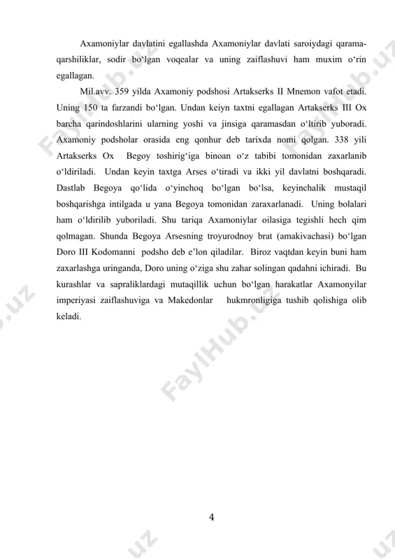 dagi ikki daryo oralig‘ini transaksoniya deb atashadi. bu paytda baqtriya hukmdori (satrapi) ahamoniylar urug‘idan bo‘lgan bess edi. u doro iii ni zaxarlab o‘ldirishda qatnashgan va o‘zini artakserks nomi bilan podsho deb e’lon qilgan. doro iii ning baktriya satrapi bess tomonidan o‘ldirilganligini eshitgach, aleksandr makedonskiy uning orqasidan yanada tez ta’qib qilib ketdi. bess doro iii ning jasadini tashlab, baqtriya tomon ketdi[footnoteref:2]. [2: fransic henry skrine and edward denison ross a history of russian turkestan and the central asian khanates from the earliest times roudledge curzon, usa, 2005, р.4.] their design was to conciliate alexander,should he overtake them, by giving up darius alive; while in the event of their escaping,they proposed to murder the prisoner, usurp his crown, and begin a new war. u baktriyaning yirik shaharlarini egallay boshlaydi. drapsaka (afg‘onistondagi anderab shaxri), aorn (shimoliy afg‘onistondagi oltindilertepa), davlat poytaxti bakrani (shim.afg‘onistondagi balx)ni egallaydi. bess va uning tarfdorlari amudaryoning termizga yaqin joyidan o‘tib, …