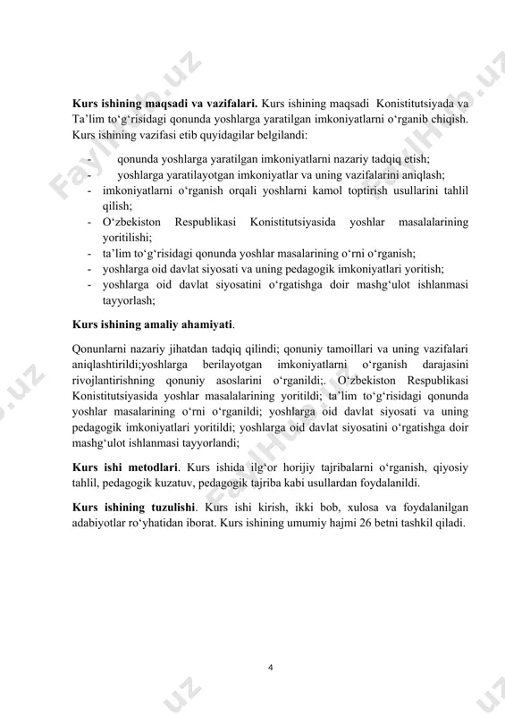 h, ikki bob, xulosa va foydalanilgan adabiyotlar ro‘yhatidan iborat. kurs ishining umumiy hajmi 26 betni tashkil qiladi. i.bob.o‘zbekiston respublikasi va ta’lim to‘g‘isidagi qonunlarida yoshlar masalalari. 1.1 o‘zbekistonlik respublikasi yoshlar masalalarining yoritilishi. yoshlarning huquqiy madaniyatini yuksaltirish, demokratik davlat qurish va fuqarolik jamiyatini rivojlantirish jarayonlarida ularning faolligini oshirish; yuksak ma'naviyatli, mustaqil fikrlovchi, qat'iy hayotiy pozitsiya, keng dunyoqarash va chuqur bilimlarga ega bo‘lgan vatanparvar yoshlarni tarbiyalash, ularda turli mafkuraviy tahdidlarga qarshi immunitetni shakllantirish; yoshlarni ijtimoiy himoya qilish, zamonaviy kasb-hunarlarni puxta egallashlari uchun munosib sharoitlar yaratish, ularni ish bilan ta'minlash va tadbirkorlikka jalb qilish; iqtidorli yoshlarni qo‘llab-quvvatlash, ijodiy va intelektual salohiyatini ro‘yobga chiqarishga qaratilgan ishlarni tizimli yo‘lga qo‘yish; yoshlarni jismoniy tarbiya va sport bilan muntazam shug‘ullanishga keng jalb etish, yoshlar orasida sog‘lom turmush tarzini targ‘ib qilish; voyaga yetmaganlar va yoshlar o‘rtasida huquqbuzarlik va jinoyatlar sodir etilishini oldini olish; barkamol avlodni tarbiyalashda ommaviy axborot vositalari va zamonaviy axborot-kommunikatsiya texnologiyalaridan samarali foydalanish yoshlar siyosatining asosiy yo‘nalishlari …