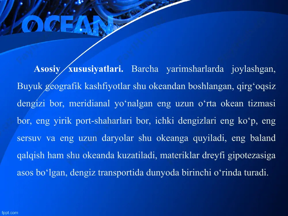 a yog‘ingarchilik kam bo‘lganligi tufayli ular suvining sho‘rligi biroz ko‘tariladi. shimoliy subtropik mintaqada tabiati o‘ziga xos bo‘lgan sargasso dengizi joylashgan. dengiz suvining sho‘rligi 37 ‰ ga teng, harorati qishda 23 °c ni va yozda 28 °c ni tashkil etadi. insonning xo‘jalik faoliyati. buyuk geografik kashfiyotlar atlantika okeanidan boshlangan. mashhur dengizchilar shu okean orqali safarga chiqqanlar. hozir ham transportdagi ahamiyati jihatidan birinchi o‘rinni egallaydi. o‘rta dengiz sohillari dunyo turizmida birinchi o‘rinda turadi. suvaysh (1869- y.) va panama (1914- y.) kanallarining ishga tushirilishi okeanning ahamiyatini yanada oshirdi. okean shelflaridan xilma-xil boyliklar qazib olinadi, baliq ovlash ko‘proq okeanning shimolida olib boriladi.