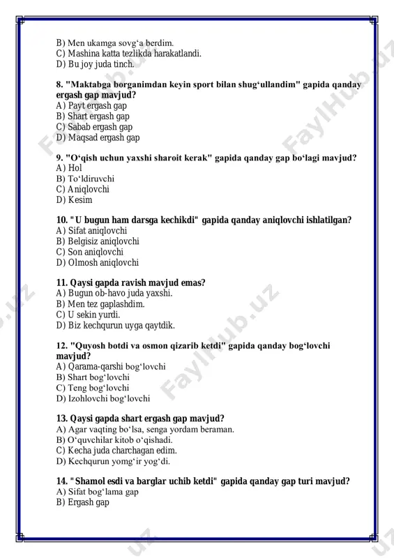 an edim. d) kechqurun yomg‘ir yog‘di. 14. "shamol esdi va barglar uchib ketdi" gapida qanday gap turi mavjud? a) sifat bog‘lama gap b) ergash gap c) uyushiq gap d) oddiy gap 15. qaysi gapda modal fe’l ishlatilgan? a) men bu kitobni o‘qimoqchiman. b) darsga kechikdim. c) qushlar sayrayapti. d) daraxtlar gul ochdi. 16. "men bugun maktabga bormoqchiman" gapida qanday fe’l shakli bor? a) buyruq fe’l b) majhul fe’l c) istak fe’l d) o‘rganilgan fe’l 17. qaysi bog‘lovchi izohlovchi gaplar uchun xos? a) chunki b) va c) lekin d) agar 18. "men bu masalani hozir hal qilmoqchiman" gapida qanday fe’l shakli ishlatilgan? a) buyruq fe’l b) modal fe’l c) majhul fe’l d) o‘tgan zamon fe’l 19. qaysi gapda natija ergash gap mavjud? a) u shunday tez yugurdiki, hamma hayron qoldi. b) agar vaqtim bo‘lsa, senga yordam beraman. c) o‘quvchilar kitob o‘qishni yaxshi ko‘radi. d) kechqurun yomg‘ir yog‘di. 20. qaysi gapda sabab …
