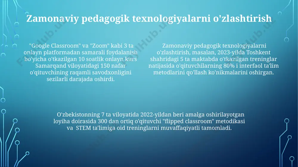 ball shkalasidan foydalanib, o'qituvchilar o'zlarining dars berish uslublarini, masalan, samarqanddagi 2023 yilgi seminar natijalariga ko'ra, samaradorligini aniqlashlari mumkin. refleksiya jarayonida, o'qituvchilar o'z ishlarini tahlil qilishda, kamida 3 ta kuchli va 2 ta zaif tomonlarini aniqlab, keyingi o'qitish strategiyasini ishlab chiqishlari kerak. xalqaro tajribalar, jumladan, 10 ta mamlakatning ta'lim tizimlarini tahlil qilish orqali, o'z-o'zini baholash va refleksiyaning o'qituvchilarning professional rivojlanishiga ta'siri 20% ga oshishi mumkin. e'tiboringiz uchun rahmat @taqdimot_robot image1.png image2.png image3.png image4.png image5.png