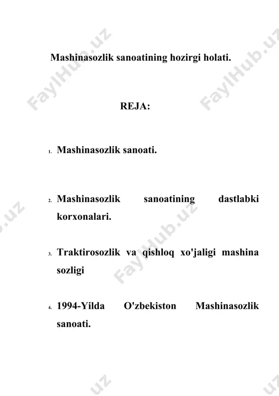 rida vujudga kelgan. bu davrda metallga ishlov berish sanoati, asosan, 14 ta kichik tuzatish ustaxonalaridan iborat edi. ularda, asosan, temir yoʻl, paxta tozalash va yogʻ zavodlarini taʼmirlash ishlari bajarilardi. yalpi sanoat mahsuloti umumiy hajmida ogʻir sanoat va metallga ishlov berish tarmogʻining hissasi 1,3% ni tashkil etgan. 1920-yillardan qishloq xoʻjaligi, sanoat va transportning rivojlantirish zaruriyatidan mavjud taʼmirlash korxonalari kengaytirildi, yangilari kurila boshladi. 1927-yil noyabr da toshkentda "boshpaxtasanoat"ning mexanika zavodi ishga tushirildi. 1931-yilda bu zavod negizida taxta tozalash zavodlari uchun asbobuskunalar ishlab chiqarish va q.h. texnikasi taʼmiri bilan shugʻullanadigan "qishloqmash" (hozirgi "toshkent qishloq xoʻjaligi mashinasozligi zavodi" ak-siyadorlik jamiyati) tashkil etildi. zavodda chigit seyalkalari, borona va kultivatorlar tayyorlash yoʻlga qoʻ-yildi. avtomobilsozlik. avtomobillar, avtomobil dvigatellari, avtomobillarga ehtiyot qismlar, turli ji-hozlar va boshqa asboblar ishlab chiqarish oʻzbekiston mustaqillikka erishganidan keyin shakllana boshladi. 1990-yillarga qadar respublikada avtomobilsozlik sanoati yoʻq edi. oʻzbekistondagi bir necha avtomobil tuzatish zavodlari (toshkent avtotuzatish zavodi 1939-yilda ishga tushirilgan), yengil mashinalarga xizmat koʻrsatadigan …
