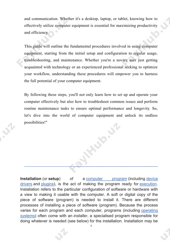 the cursor—you can start typing. note that the mouse pointer is also called a cursor, but it is shaped differently. the keyboard cursor is also called the insertion point. some computer programs can be executed by simply copying them into a folder stored on a computer and executing them. other programs are supplied in a form unsuitable for immediate execution and therefore need an installation procedure. once installed, the program can be executed again and again, without the need to reinstall before each execution. these operations may require some charges or be free of charge. in case of payment, installation costs means the costs connected and relevant to or incurred as a result of installing the drivers or the equipment in the customers' premises. some installers may attempt to trick users into installing junkware such as various forms of adware, toolbars, trialware or software of partnering companies.[2] to prevent this, …