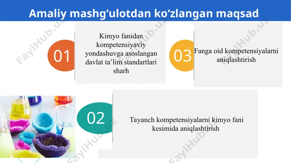 g ijtimoiy hayotga moslashishiga yordam berish davlat ta’lim standartining vazifalari umumiy o‘rta ta’lim mazmuni va sifatiga qo‘yiladigan talablarni belgilash milliy, umuminsoniy va ma’naviy qadriyatlar asosida o‘quvchilarni tarbiyalashning samarali shakllari va usullarini joriy etish kadrlarni maqsadli va sifatli tayyorlash uchun ta’lim, fan va ishlab chiqarishning samarali integratsiyasini ta’minlash o‘quv-tarbiya jarayoniga pedagogik va zamonaviy axborot-kommunikatsiya texnologiyalarini joriy etish, umumiy o‘rta ta’lim muassasalarining o‘quvchilari va bitiruvchilarining malakasiga qo‘yiladigan talablarni belgilash 5 2 3 4 6 davlat ta’lim standartlari talablarining ta’lim sifati va kadrlar tayyorlashga qo‘yiladigan xalqaro talablarga muvofiqligini ta’minlash 1 ta’lim va uning pirovard natijalari, o‘quvchilarning malaka talablarini egallaganlik darajasini tizimli baholash tartibini, shuningdek ta’lim-tarbiya faoliyati sifatini nazorat qilishning huquqiy asoslarini takomillashtirish tayanch kompetensiyalar axborotlar bilan ishlash kompetensiyasi o‘zini o‘zi rivojlantirish kompetensiyasi ijtimoiy faol fuqarolik kompetensiyasi milliy va umummadaniy kompetensiyasi matematik savodxonlik, fan va texnika yangiliklaridan xabardor bo‘lish hamda foydalanish kompetensiyasi ikommunikativ kompetensiya 3-5 weeks fanga oid kompetensiyalar kimyoviy tajribalar o‘tkazish va amaliyotda …