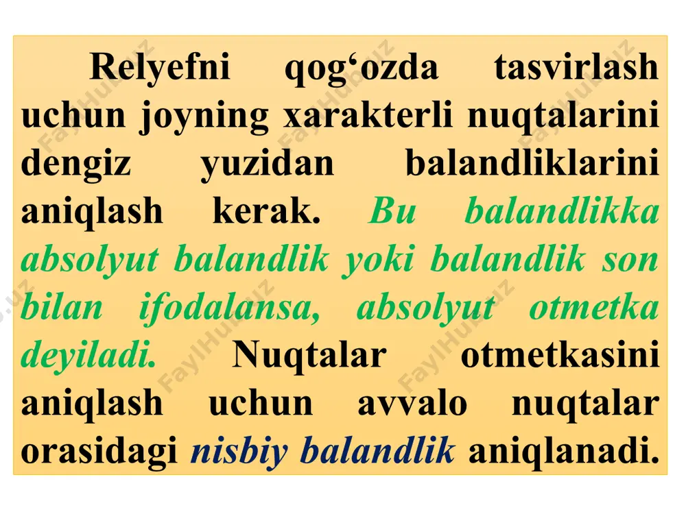 da profil chizilganidan asbob profilograf deb ham yuritiladi. bu usul kо‘proq qidirish ishlarida qо‘llaniladi. nivelirlanadigan joyning baland pastligi noqulay bо‘lishiga qaramay kechasi va kunduzi nivelilash mumkin. bu asbob bilan joy bir vaqtda nivelirlanadi va profil chiziladi. bu bilan vaqt tejaladi. bu usulda nivelirlash xatosi 1km ga 0,5- 0,30m ga tо‘g‘ri keladi. v.i. shillingir va boshqalar avto- mashinaga o’ratiladigan va – 51, va – 1m, ava shifrli elektron xisoblashga moslashgan nivelirlar ishlab chiqdilarki ular bir soatda 30 km yo’lni nivelirlashga imkon berdi * * bu usulda joyning samolyotdan turib olingan aerosuratlariga qarab maxsus fotogrammetrik asboblar yordamida nuqtalarning balandligi aniqlanadi va relyef gorizontallar bilan chiziladi. bu xildagi nivelirlash ishlarining asosiy qismi korxonada bajarilganligidan vaqt va mablag‘ ancha tejaladi. stereofotogrammetrik nivelirlash turli masshtabdagi topografik kartalar tuzishda qо‘llaniladi. nuqtaning balandligini о‘lchash yoki nivelirlash yо‘li bilan yer yuzidagi nuqtalarning bir-biriga yoki boshlang‘ich deb qabul qilingan sathiy yuzaga nisbatan balandligi aniqlanadi. qо‘llaniladigan usul va asboblarga qarab …