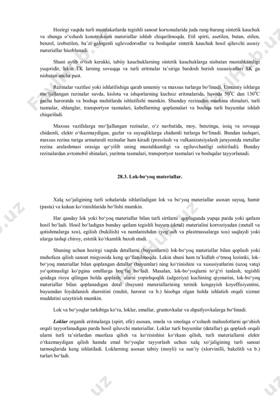 rokeramlar) fotositallarda asosiy katalizatorlar bular- yorug‘likka sezgir metallar (mis,oltin,kumush,platina) birikmalari (ishqor metallarni xam). ularning miqdori 0,001…0,3%. bu metallar kristallanish markazlari xisoblanadi. bularni bir tekis taqsimlanishi uchun ultrabinafsha va rentgen nurlari bilan ishlaydilar. termik ishlashdan so‘ng kristallanish markazlari atrofida polikristall struktura bir tekisda o‘sadi. termositallar olishda katalizatorlar sifatida titan ,fosfor, vinadiy, xrom oksidlari ishlatiladi. bunda oksidli shisha ikki fazaga bo‘linadi bittasi katta yuza tarangligi tortilishi bilan. (kalloid zarrachalar ajralishi bilan). zinapoyali termik ishlash natijasida (500 va800...1000ºс) bu zarrachalar o‘zlari kristallanadilar va shishani to‘la kristallanishiga olib keladi. ximiyaviy tarkibni katalizator turini,termik rejimini tanlab kristallik fazani 30…95%) yetkazish mumkin. sitallar ancha mustaxkam. ϭв=70-120mpa. buni 1100ºс da xam saqlaydi. metallar bilan yaxshi birikadi-kovsharlanadi. нv=6500mpa. uchish apparatlarida toblangan shisha ishlatiladi. issiqlik o‘tkazmaslik uchun ko‘p qatlamli tiniq shisha ishlatiladi. yuqorida aytilgandek sitallar qattiqligi toblangan po‘latlar qattiqligiga teng. organik shisha. organik shisha bu polimetilmetokrilat asosidagi polimerdir (pmma). bu tiniq list sifatida olinadi. u atmosferaga yuqori chidamli, yorug‘likni …