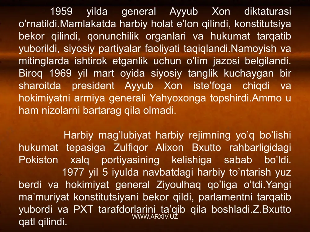 1992 yilda burhoniddin rabboniy president etib saylandi,u yangi konstitutsiyani qabul qilish uchun ta’sis majlisini chaqirishga da’vat etildi. www.arxiv.uz mamlakatda hokimiyatsizlik boshlandi. do’stum, ahmad shoh ma’sud va hikmatyor etnik lagerlari o’rtasida kurash o’zaro urushlarga aylanib ketdiki, unda 5 ming kishi halok bo’ldi.asosiy mojaro rabboniy va pokiston yordamidan foydalangan hikmatyor o’tasida ro’y berdi. afg’onistonning siyosiy maydonida yangi kuch-o’zi haqida 1994 yil noyabrda ma’lum qilgan toliblar paydo bo’ldi. ularning dasturi bir-biriga dushman guruhlarni qurolsizlantirish va tugatish hamda izchil islom hukmronligini o’rnatishni ko’zda tutdi. ular pokistondagi tayyorgarlikni o’tadi va eng zamonaviy qurol-yarog’ga ega bo’ldi. toliblar rahbari mulla umar izchil ismoiliy va vahhobiylik vakili bo’ldi. 1995 yil yanvarda ular qobulga hujum boshladilar. mamlakat vayron etildi. www.arxiv.uz general abdulrashid do`stum www.arxiv.uz toliblar o’z raqiblarining tarqoqligidan foydalandi.1997 yil iyulda ular ikki yo’nalishda-hirotdan mozori sharif, qobuldan bog’lon va toluqon tomon hujum boshladi.do’stumning xalq ko’ngillilaridan bir qismi sotlinlik qilib,toliblar tomoniga o’tdi.ahmad shoh ma’sud o’z qo’shinini hal qiluvchi jangdan olib …