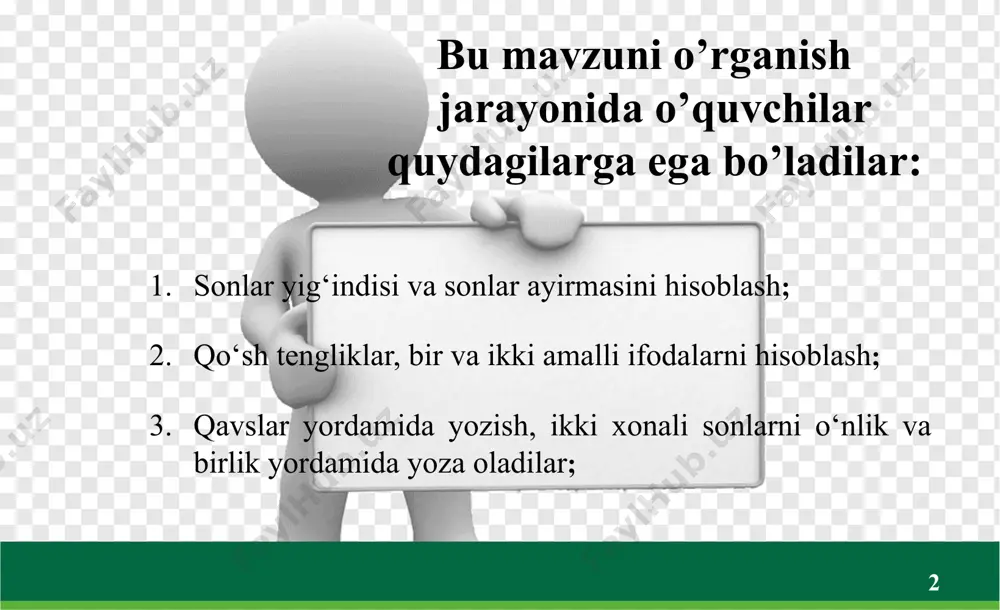 qulay usul bilan yechishni ko’rib chiqamiz. 46+30=(40+6)+30=(40+30)+6=76 46+3=(40+6)+3=40+(6+3)=40+9=49 (natijasi hisoblashda 40 ga 30 qo‘shish 70 bo‘ladi, 6 ni qo‘shsa 76 bo‘ladi) shundan keyin tushuntirish asosida oldin sonni yig‘indi bilan almashtiramiz, so‘ngra eng qulay usul bilan yechamiz. 8 yig‘indiga sonni qo‘shish, bu qoida quyidagi hisoblash usullariga asos bo‘ladi. 34+20=(30+4)+20=(30+20)+4=54 yig‘indidan sonni ayirish. 48–30=(40+8)–30=(40–30)+8=18 songa yig‘indini qo‘shish. 9+5=9+(1+4)=(9+1)+4=14 sondan yig‘indini ayirish. 12–5=12–(2+3)=(12–2)–3=7 9 тo‘rtinchi bosqichda amallar xossalarini umumlashtirish va bu bilimlarni differensiallash imkonini beruvchi maxsus mashqlar bajarish nazarda tutiladi. 36+23=(30+6)+(20+3)+(30+20)+(6+3)=59 65-21=(60+5)-(20+1)=(60-20)-(5-1)=44 10 uyga vazifa 1. o’tilgan mavzuni takrorlash 2. bugungi mavzu yuzasidan mashqlar bajarish. 3. 100 lik ichida qo’shish va ayirishni og’zaki holda mashq qilish. 11 image1.jpeg image2.png image3.png image4.png image5.png image6.jpeg image7.png image8.jpeg image9.png image10.jpeg