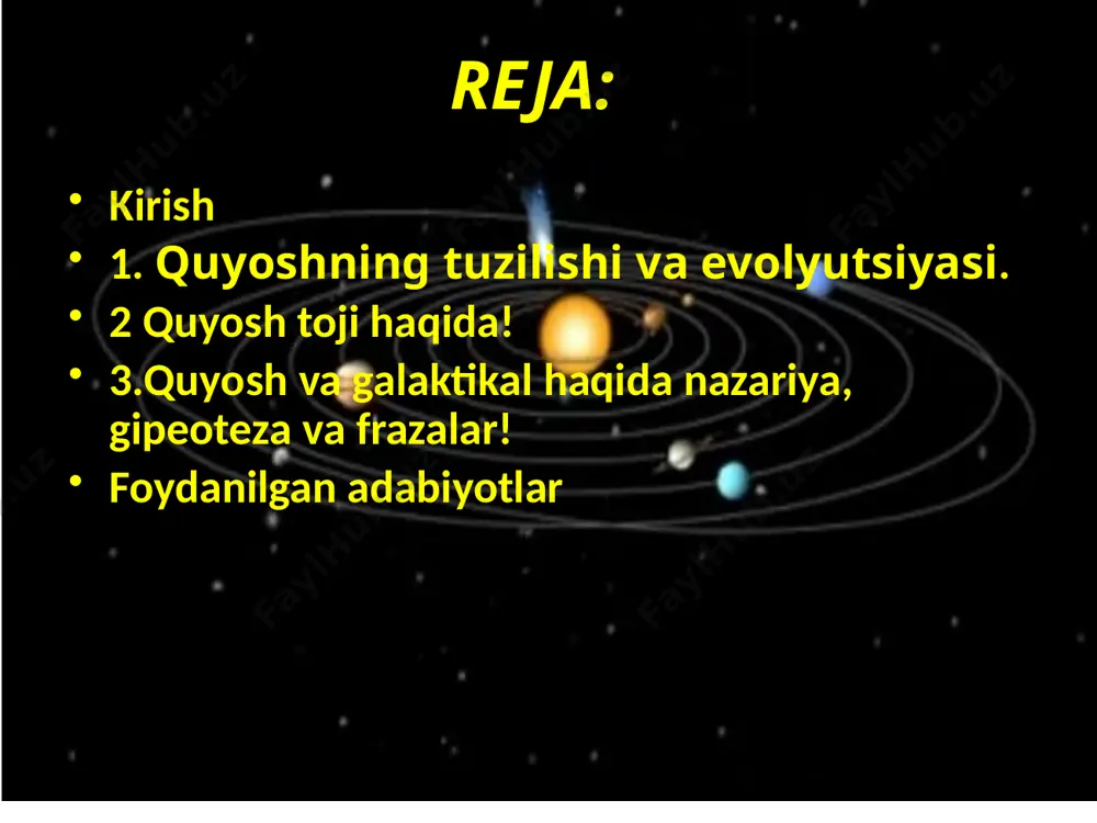 56) ning o‘tgan asrning o‘rtalaridagi ishlariga asoslangan gipotezasi hisoblanadi. quyosh koinotdagi yerga eng yaqin bo’lgan yulduzdir. u sariq mitti yulduzlar safiga kiradi. quyosh 70 foiz vodoroddan va 27 foiz geliydan iborat, o’ta qizigan, yorug’lik tarqatib turadigan gazsimon shardir. quyoshning zichligi yernikidan 4 marotaba kichik. uning markazida bosim 300 mlrd. atmosferaga, harorat esa 10-15 mln. darajaga yetadi. quyoshning markazidagi yuqori bosim va harorat yadro reaktsiyalarini hosil bo’lishiga imkon beradi. bunda vodorod geliyga aylanadi. quyoshning paydo bo‘lishi vaqt o‘tishi bilan bu bulutning shakli o‘zgarib borgan, zarralarning to‘qnashishlari va ularning o‘zaro energiya almashinishi shunga olib kelgan-ki, bunda bulut asta-sekin yassilana borgan, zarralarning orbitalari esa aylanalarga yaqinlashib borgan. yirik zarralar o‘zlariga maydalarini qo‘shib olgan. bir tomonga yo‘nalgan harakat ko‘payib borgan. moddaning quyuqlashgan bo‘laklari hosil bo‘lib, ular qalinligi diametriga qaraganda minglab marta kichik bo‘lgan disk shaklida taqsimlangan. eng yirik quyuqlashgan bo‘laklarning massasi tez ortib borgan. keyin moddaning har xil kattalikdagi hosil bo‘lgan dastlabki «po‘k» guvalaklarning …