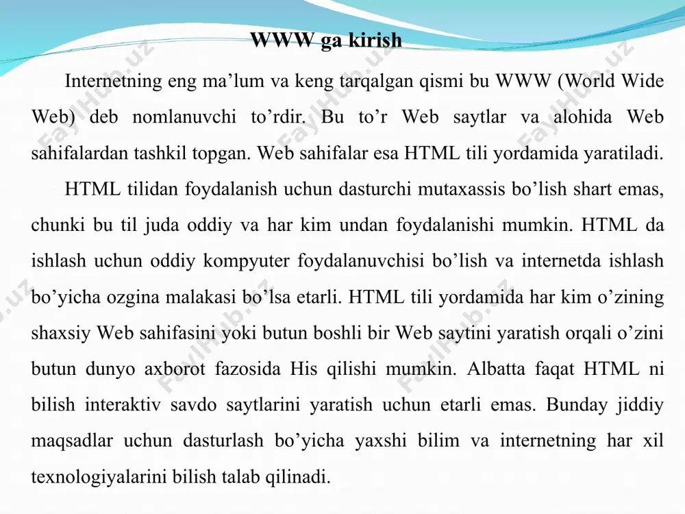 da html 4.2 versiyasi mavjud bo‘lib, unda jadval stilllari, skriptlar, kadrlar, obektlar bilan ishlash, turli yo‘nalishdagi yozuvlarni ishlatish, formalarning yangi xossalari kabi yangiliklar paydo bo‘ldi. html-hujjatlar turli web brouzerlar yordamida ko‘riladi. html hujjatining tuzilishi. teg lar html ning konstrukstiyasi teg lar deyiladi. brauzer teg larni oddiy matnlardan farqlashi uchun ular burchak qavslarga(“ ”) olinadilar. teg tasvirlash jarayoni hatti harakatlarining boshlanishini bildiradi. juft teglarning ikkinchisi birinchisining harakatini yakunlaydi. masalan, har bir web sahifa tegi bilan boshlanib tegi bilan yopilishi kerak. etibor bergan bo’lsangiz yopiluvchi teg ochiluvchidan slesh « / » belgisi bilan farq qiladi. teg nomlari katta yoki kichik harflar bilan yozilishi mumkin, bularni brauzer bir xil qabul qiladi. ba’zi teglar uchun tugallovchi teg bo‘lishi shart emas. masalan: (abzats tegi) tegi uchun tugallovchi teg kerak emas. bunday teglar odatda hujjatni o‘qilishini yaxshilash uchun ishlatiladi. hujjat strukturasi har qanday web sahifa ikkita qismdan tashkil topadi. bular sarlavha qismi va asosiy qism. sarlavha …