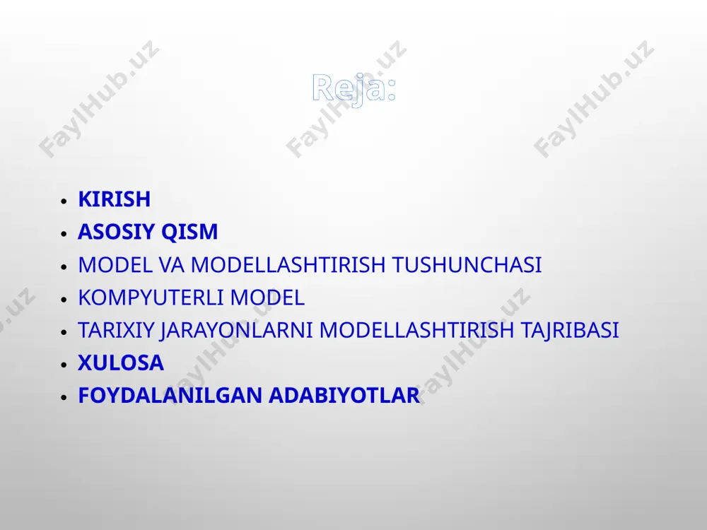 harbiy-siyosiy voqealar to’g’risida), shuning uchun bunday bir tomonlama ma’lumotlar bazasida o’tmish voqealarini tasvirlash mumkin emas. imitatsion modellarning tarqalishiga yana bir to’siq ularning monte-karlo metodiga asoslanganligidir, ya’ni hodisa ehtimoli tushunchasini o’z ichiga oladi. tarixchilar esa faqat aniq va konkret faktlarga tayanishga o’rganganlar.shunga qaramay tarixiy voqealarni tadqiq qilishda fizik modellashtirish usullaridan foydalanib kelinmoqda.xususan , arxeologlar azaldan o’z tadqiqotlarida modellashtirishdan keng foydalanadilar. masalan, 1922 yilda shveytsariyada tosh va bronza asrlariga taalluqli odamlarning yashash joylari rekonstruksiya qilingan. keyinchalik ham arxeologlar qadimiy manzilgohlarning modellarini qurib, ularda yashaganlar, mehnat qurollari yasab, xo’jalik ishlari bilan shug’ullanganlar. imitatsion modellashtirish metodikasi. kompyuter modelini yaratish jarayoni quyidagi bosqichlarga bo’linadi: 1. muammoni belgilash va tadqiqot masalasining qo’yilishi 2.modelning og’zaki, matematik-mantiqiy, grafik blok-sxema ko’rinishidagi ifodasini ishlab chiqish 3. modelni algoritmik tildagi kompyuter dasturiga o’girish. 4. dasturni sozlash (tahrirlash, xatolarni to’g’irlash) 5. validatsiya (modelning o’zi aks ettiruvchi real tizimga mosligini tekshirish). 6. boshlang’ich berilganlarni tayyorlash. 7. mashina eksperimentini rejalashtirish. 8. modelni sinovdan o’tqazish …