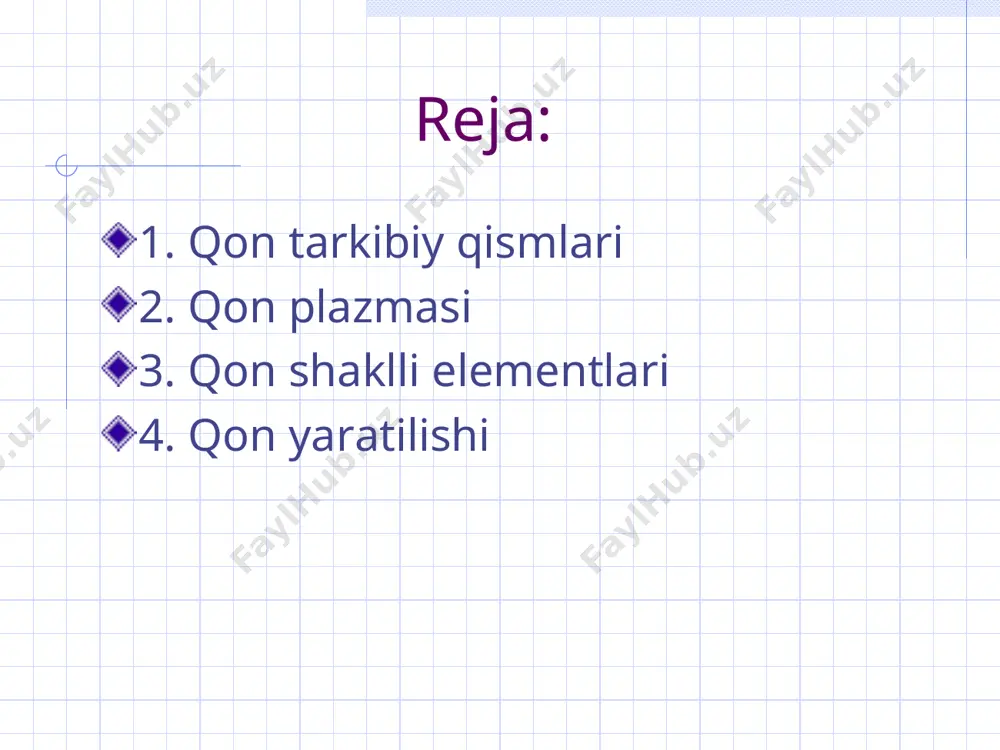 igеnlarga) javoban ishlab chiqariladi. antitеlolarning asosiy roli ko‘rsatib o‘tilgan antigеnlarni zararsizlantirish (nеytrallash) hisoblanadi; limfa limfa – ishqoriy reaksiyaga ega tiniq suyuqlik (rn 7,35 - 9,0). kimyoviy tarkibi boʻyicha qon plazmasiga yaqin, lekin undan oqsil, kaliy, kalsiy ionlarining kamligi bilan farq qiladi. eritrositlar tutmaydi, asosiy hujayra elementlari - limfositlar. funksiyasi qon funksiyasiga oʻxshash (nafas olish funksiyasidan tashqari) plazma - 55% shaklli elementlar - 45% qon tarkibi gematokrit ko’rsatkich qon suyuq hujayralararo modda - plazmadan va unda muallaq joylashgan shaklli elеmеntlardan iborat. ularning o‘zaro nisbati sog‘lom odamda 55:45 ni tashkil etib, gеmatokrit ko‘rsatkichi dеb ataladi. gеmatokrit ko‘rsatkichning u yoki bu tomonga o‘zgarishi qonning suyulishi yoki quyulishini ko‘rsatib,muhim diagnostik bеlgi hisoblanadi. qon plazmasi 90% - suv, 9% - organik moddalar (oqsil), 1% - anorganik moddalar. plazmaning asosiy oqsillari: - albuminlar (transport); - globulinlar (lipid va metallarni tashish, himoya); - fibrinogen (qon ivishi) рн – 7,4 qon zardobi-fibrinogensiz plazma qon shaklli elementlari eritrositlar leykositlar …