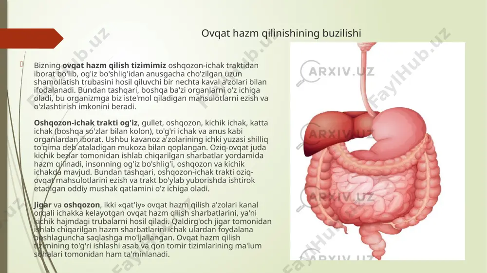 i, zaiflik kuzatilishi mumkin, mehnat qobiliyatining biroz pasayishi qayd etiladi; og’ir — hojat chiqarishning jiddiy buzilishlari, kamqonlik, isitma bilan varajalar, umumiy ahvolning og’ir yoki o’ta og’ir bo’lishi. kasallikning bu darajasi statsionar sharoitda davolanadi. yarali kolit sabablari yarali kolitni keltirib chiqaradigan sabablar aniq ma’lum emas. bugungi kunda patologiya rivojlanishining quyidagi sabablari ajratiladi: irsiy omillar (qarindoshlarda yarali kolit va kron kasalligi aniqlanganligi bemorda ykni rivojlanish xavfini oshiradi); virusli va bakterial infektsiyalar (ularning yallig’lanish rivojlanishiga ta’siri o’rganilmoqda); tashqi salbiy omillar (parhez, chekish, oral kontratseptivlar); tez-tez kuchli stressga yo’liqish; nosteroid yallig’lanishga qarshi preparatlarni nazoratsiz qabul qilish. immunitetning pasayishi va autosensibilizatsiya kasallikning boshlanishi va rivojlanishiga yordam beradi. rejaga image1.png image2.jpeg image3.jpeg /docprops/thumbnail.jpeg