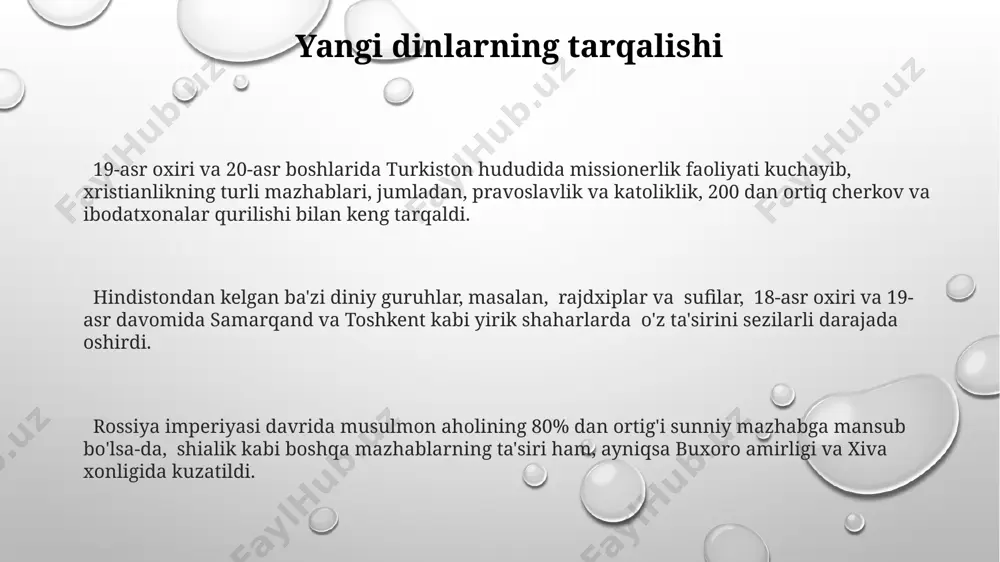 i va ma'naviy hayotini saqlab qolishga bo'lgan urinishlari, imperiya siyosati bilan to'qnashdi, natijada cheklovlar va ta'qiblar kuzatildi. madaniy almashinuv va sinxretizm 18-19-asrlar davomida buxoro amirligi va xiva xonligida islomiy taʼlimotlarning mahalliy eʼtiqodlar bilan sinxretizmi kuzatildi, bu 20 ga yaqin yangi tariqatlarning paydo boʻlishiga olib keldi. turkiston general-gubernatorligida, 20-asr boshlarida, 30 dan ortiq etnik guruh vakillari oʻrtasida madaniy almashinuv jarayonida milliy va diniy anʼanalar oʻzaro taʼsirining murakkab shakllari vujudga keldi. rossiya imperiyasi davrida, 19-asrning ikkinchi yarmidan boshlab, markaziy osiyoda missionerlik faoliyati kuchayib, xristianlik va mahalliy anʼanalar oʻrtasida sinxretizm hodisalari yuz bergan. e'tiboringiz uchun rahmat @taqdimot_robot image1.png image2.png image3.png