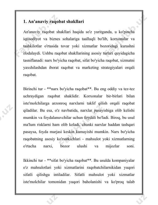 o'z narxlarini, xizmat ko'rsatish darajasini va sifatni yaxshilab, bozorning yetakchi subyektlaridan bo'lishga intiladilar. 2. monopoliya va oligopoliya monopoliya va oligopoliya - bu iqtisodiyotda raqobatning ikki xil shakli bo'lib, ular bozor tuzilishini, kompaniyalar orasidagi raqobatni va iste'molchilarning tanlovini katta darajada ta'sir qiladi. **monopoliya** 1. **ta'rifi:** monopoliya bu bitta firma yoki kompaniya butun bozorda yagona yetkazibchi bo'lganda sodir bo'ladi. monopol ustunligiga erishgan firma boshqa raqobatchilarga nisbatan kuchli bo'ladi. 2. **xususiyatlari:** - **bozorda bitta yetkazibchi:** monopoliyadagi asosiy xususiyat - bu bozorda yagona yetkazibchi bo'lishidir. - **yuqori narx qo'yish qobiliyati:** monopolistlar bozorda yagona bo'lganligi sababli, ular narxlarni o'z xohishiga ko'ra belgilashlari mumkin. - **bozor to'siqlari:** yangi raqobatchilar uchun bozorda kirish qiyin bo'lganligi sababli, monopoliyaga kirish to'siqlari yuqori bo'ladi. 3. **misollar:** ko'p mamlakatlarda infratuzilma tarmoqlari, masalan, elektr yoki suv ta'minoti kabi xizmatlar davlat monopoliyalari bo'lishi mumkin. 4. **statistik belgilar:** - ilmiy statistikaga ko'ra, aqshda monopol firmalar soni moliya sektorida ma'lum bir vaqt davomida 50% ga …