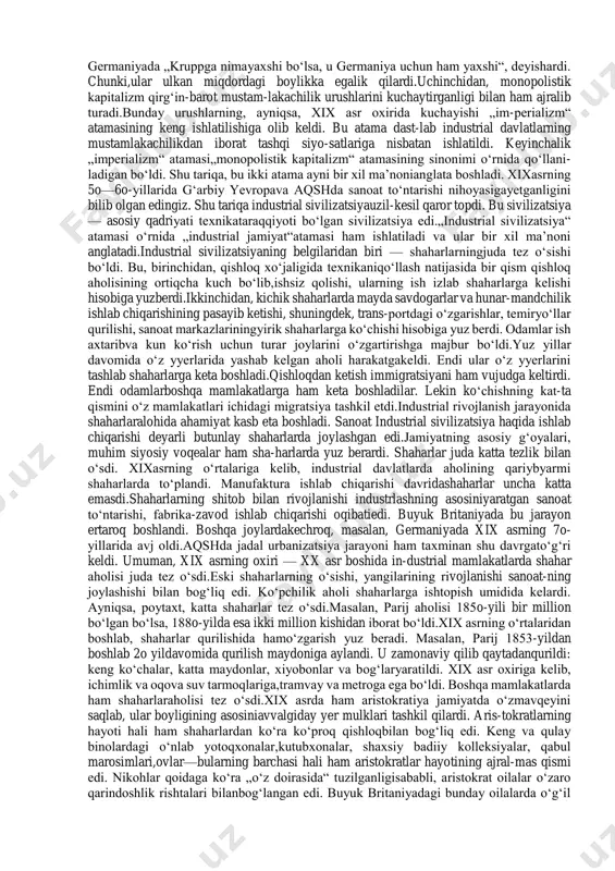 ki moliyaguruhi — rokfeller (aqsh) va rotshildlar (buyuk britaniya,fransiya) guruhi jahonning kerosin bozorini bo‘lib olgan.19o7-yilda esa, g‘oyat ulkan monopoliyalar — „umumiy elektrkompaniyasi“ (aqsh) bilan „umumiy elektr jamiyati“ (ger-maniya) o‘rtasida ham jahon elektr bozorini bo‘lib olish va o‘zarohamkorlik qilish to‘g‘risida shartnoma tuzilgan.shu tariqa, deyarli barcha boshqa kuchsiz, qoloq davlatlar engyirik industrial davlatlarning moliya oligarxiyasiga tobora ko‘proqqaram bo‘lib qolgan.5. dunyoni industrial davlatlar tomonidan hududiy jihatdan taqsimlab olish uchun kurash kuchaydi.moliya oligarxiyasi qudratining mustahkamlanishi bilan indus-trial davlatlarning o‘z mustamlakalarini kengaytirishga intilishlariyanada kuchaydi. bu hol industrial davlatlar o‘rtasida dunyonihududiy jihatdan bo‘lib olishni tezlashtirdi.xix asr oxiri va xx asr boshlarigacha ular o‘rtasida butun yeryuzining yarmidan ko‘pi bo‘lib olingan edi.buyuk britaniya, fransiya va rossiya juda katta mustamlakalargaega bo‘lib oldi.germaniya, italiya va yaponiya esa uncha katta bo‘lmagan hududlar bilan kifoyalanishga majbur bo‘ldi. iqtisodiy taraqqiyotda dunyoda 2-o‘ringa, yevropada esa 1-o‘ringa chiqib olgan germaniyani dunyoning bunday taqsimlanishholati aslo qoniqtirmagan.aqsh juda katta hudud, boy xomashyo zaxiralari, keng ichkibozorga ega bo‘lganligi …