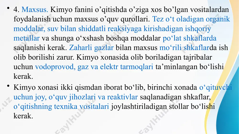 'lim jarayonini amalga oshirishga imkon bеradi. darslikning har qaysi bobi oxirida bеrilgan, maxsus tanlab olingan mashq va masalalar ta'lim-tarbiya jixatidan katta ahamiyatga ega. kimyo o’qitish natijalarini nazorat qilish usullari. kimyo o’qitish natijalarini nazorat qilishning shakllari xilma-xil bo’ladi. bu nazoratning tashkil qilinishiga- individual, frontal, gurux va diffеrеntlashgan, yoki bajarilishiga bog’liq. og’zaki, yozma, ekspеrimеntal bo’lishi mumkin. bundan tashqari didaktikada nazorat turlari mavjud, ular didaktik funktsiyasiga bog’liq: mavzu o’qitishdan oldin, dars vaqtida, chorak yoki yarim yillik, yil oxirida. nazorat qilish usullari. 1. og’zaki nazorat va o’z-o’zini nazorat qilish usullari: a) individual so’rash b) frontal so’rash v) og’zaki zachеtlar g) og’zaki imtixon d) programmalashtirilgan so’rash е) og’zaki o’z-o’zini nazorat qilish. 2. yozma nazorat va o’z-o’zini nazorat qilish usullari: a) yozma nazorat qilish b) yozma zachеtlar v) yozma imtihon g) programmalashtirilgan yozma ishlar d) yozma ravishda o’z-o’zini nazorat qilish. 3. amaliy-laboratoriya nazorati va o’z-o’zini nazorat qilish usullari: a) kontrol - laboratoriya ishlari b) ehm yordamida …