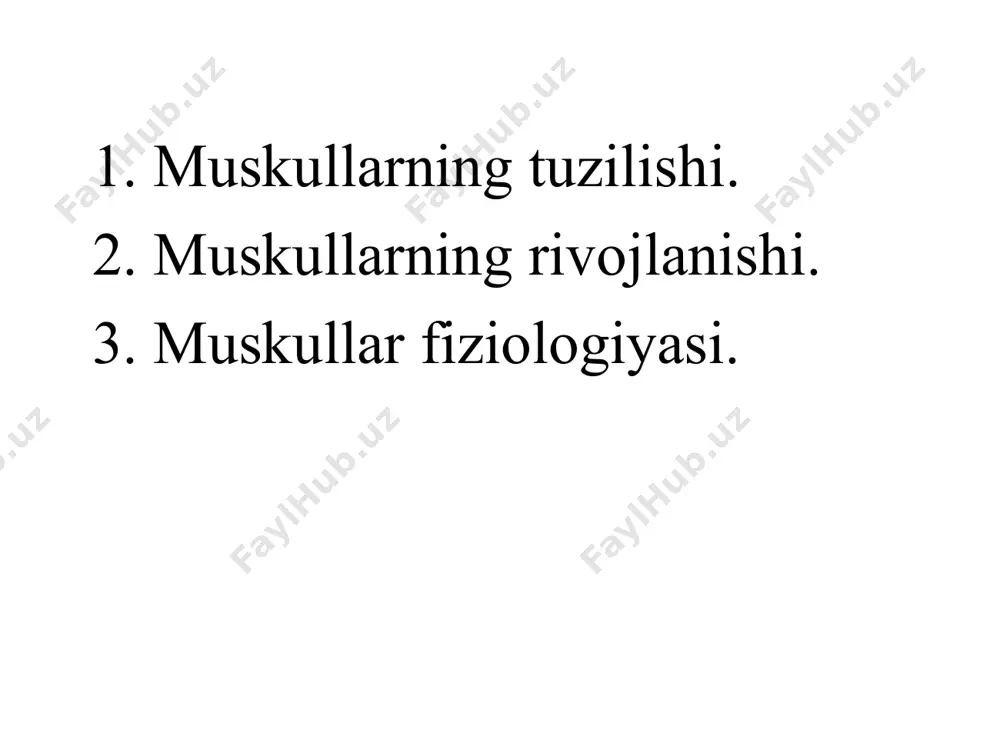 ar tanada joylashishiga ko’ra quyidagi guruhlarga bo’linadi. mahalliy-rivojlanish joyida o’zining joyida qolsa tanadan qochuvchi-bir joydan ikkinchi joyga o’tib ketsa (qo’l-oyoq) tanaga intiluvchi-ya’ni qo’l oyoqda rivojlansada taraqqiyot davrida tanaga o’tib ketadi muskullar rivojlanga sohani ularga kelgan nervlardan bilish qiyn emas diafragma – (qorin ko’krak) to’sig’i bo’yin qismidan takomil etib k,n pastga qarab yo’nalgan. (bo’yin nerv chigalidir) orqaning keng muskuli-qo’lning yelka qismidan rivojlanib tananing orqa qismiga ko’chgan (yelka nerv chigalidan) innervatsiya qilinadi muskullar tuzilishi. tanasi, ikki uchi, pay qismi, bundan tashqari uzn muskullarda boshi va dumi muskullar o’zaro yumshoq to’qimalar b,n tutashgan b/b ustidan birktruvchi to’qimadan tuzilgan (fassiya) o’rab turadi (fassiya)lar odatda qavatma-qavat muskullarni o’rab turadi va joylashishiga qarab chuqr, o’rta, yuza, teri osti fassiyalariga ajratiladi. (fassiya)lar oralig’ida qon tomirlar va nerv tolalari joylashadi, yallig’lanishda vujudga kelgan yiring fassiyalar orasida tarqaladi. muskul suyaklarga pay yoki (apanevrozlar) yordamida birikadi uzun muskullar-qo’l oyoq serbar muskullar-yuzada joylashadi yassi muskullar- tananing old va orqa tominda kalta …