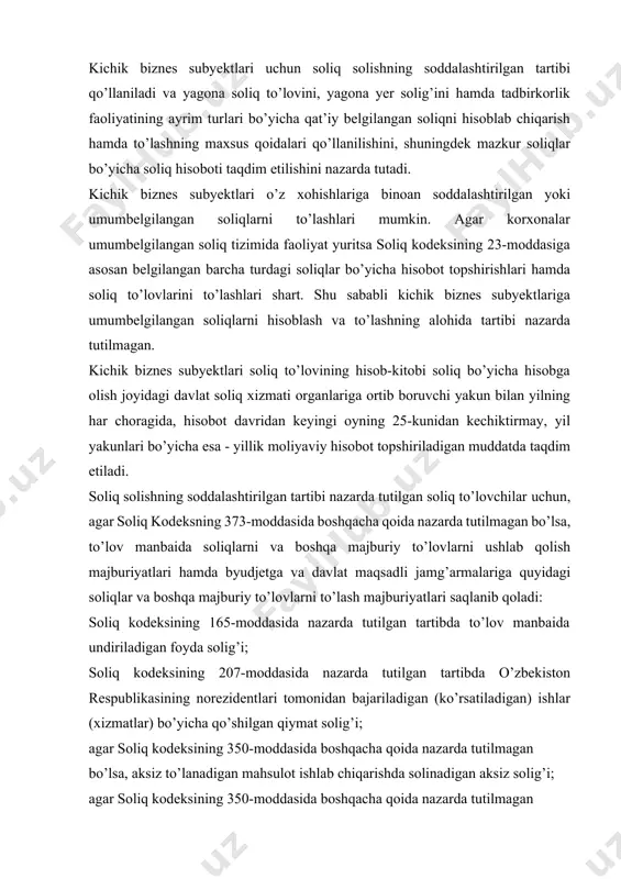 yangi tashkil etilayotgan mikrofirmalar va kichik korhonalar - davlat ro’yxatidan o’tkazilgan kundan etiboran o’nbesh kundan kechiktirmay; o’tgan yil yakunlari bo’yicha yagona soliq to’lovini to’lash uchun belgilangan mezonlarga mos keladigan umumbelgilangan soliqlarni to’lovchi yuridik shahslar - yagona soliq to’lovini to’lashga o’tayotgan joriy hisobot davri birinchi oyining 10- sanasidan kechiktirmay. mikrofirmalar va kichik korxonalar yagona soliq to’lovini to’lashdan ixtiyoriy ravishda voz kechgan taqdirda hisobot davri tugaganidan so’ng o’n kun ichida davlat soliq xizmati organlariga taqdim qilinadigan yozma bildirish asosida keyingi hisobot davridan boshlab umumbelgilangan soliqlar to’lashga o’tadi. ushbu moddaning to’rtinchi qismida ko’rsatilgan yagona soliq to’lovini to’lovchilar yagona soliq to’lovini to’lash huquqidan mahrum bo’lgan o’tgan hisobot yili uchun umumbelgilangan soliqlar bo’yicha hisob-kitoblar asosida yagona soliq to’lovi yuzasidan qayta hisob-kitobni amalga oshiradi. yagona soliq to’lovi bo’yicha qayta hisob-kitob, shuningdek ushbu moddaning uchinchi qismida ko’rsatilgan to’lovchilar tomonidan, agar ular hisobot yili tugashi bilan soliq kodeksining 350- moddasi uchinchi qismiga muvofiq hisoblangan, belgilangan xodimlar soni mezoniga …