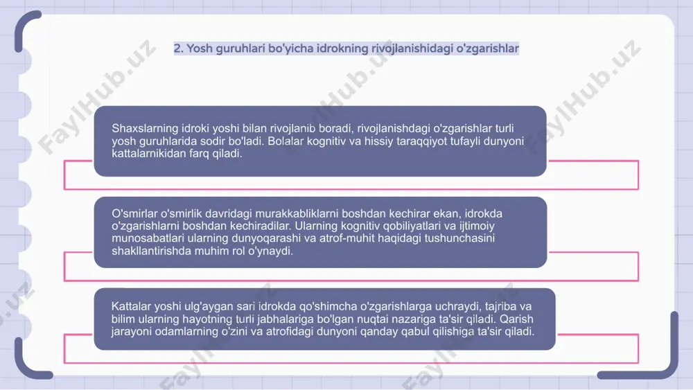 ta'sir qiladi. o'smirlik davrida tengdoshlarning bosimi va ijtimoiy normalar idrokga katta ta'sir qiladi. moslashish va qabul qilinish istagi odamlarning o'zini va boshqalarni qanday qabul qilishida o'zgarishlarga olib kelishi mumkin. keksalikda ijtimoiy izolyatsiya idrokga ta'sir qilishi mumkin, chunki odamlar o'tmishdagi tajriba va e'tiqodlarga ko'proq tayanishi mumkin. bundan tashqari, jamiyatning qarishga bo'lgan munosabati ham keksalarning o'ziga qanday qarashiga ta'sir qilishi mumkin. 10. yoshga qarab idrokni shakllantirishda tajribaning roli inson yoshi o'tgan sari, ularning his-tuyg'ulariga tajribalari katta ta'sir ko'rsatadi. buning sababi shundaki, tajriba inson atrofidagi dunyoni qanday izohlashi va filtrlashini shakllantiradi. yoshi bilan ma'lumotni qanday qayta ishlashimizga va atrofimizni anglashimizga ta'sir qiluvchi boy tajribalar keladi. bu tajribalar bizning idrokimizni shakllantirishda hal qiluvchi rol o'ynaydi. idrok etishdagi tajribaning rolini tushunish yoshning dunyoga bo'lgan nuqtai nazariga qanday ta'sir qilishini tushunish uchun juda muhimdir. bu umrbod ta'lim va moslashuvchanlikning muhimligini ta'kidlaydi. 11. qarish va vaqtni idrok etish yoshi bilan odamlarning vaqt haqidagi tasavvurlari turli omillar ta'sirida …