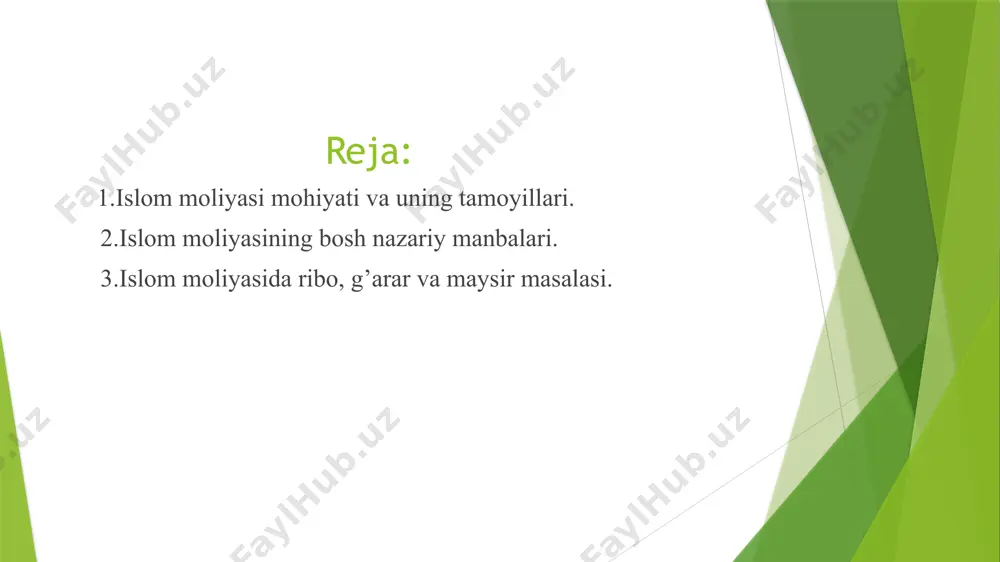i o'rganish muhimdir islomda foizlar, yoki har qanday begona daromad, harom deb hisoblanadi. bu, odamlarning moliyaviy manfaatlarga asoslangan narsalardan bunday xaridlar qilishlariga yo'l qo'ymaydi. muhtojlikni bartaraf etish foizli tizim odamlarni pulga muhtoj bo'lgan paytlarda qiyinchilikka olib keladi. islomiy moliyaviy tizim, ehtiyojlar asosida moliyaviy yordamni ta'minlaydi. adolat va ipoteka foizlar ko'pincha adolatsizlik va tengsizlikka olib keladi. islomda, moliyaviy munosabatlar adolatga va haq-huqni himoya qilishga qaratilgan. foizlarning diniy tabiati ribo, ya’ni “rib” so’zi iqtisodiy va moliyaviy termin bo’lib, odatda foiz yoki kredit to’lovlari orqali olingan daromad yoki foyda sifatida tushuniladi. ribo, ayniqsa banklar va moliyaviy institutlar o’rtasida qarzlar va kreditlar berish jarayonida muhim ahamiyatga ega. ribo islomiy moliya qoidalariga ko’ra zid hisoblanadi, chunki islomiy qonunlarga ko’ra olish yoki to’lash harom deb hisoblanadi.shuning uchun islomiy banklar ribosiz, ya’ni foizsiz moliyaviy operatsiyalarni amalga oshiradilar. g’arar – bu arab tilidan olingan bo’lib, “xatar”, “noaniqlik”, “aldov” ma’nosini bildiradi. bu atama asosan islomiy iqtisodiyot va shariatga oid …
