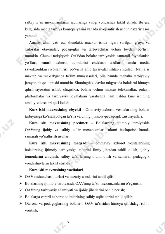 ni tahlil qilish, bolalarning tarbiyasiga ta’sirini ilmiy asoslash juda muhimdir. oav nazariyasi, avvalo, kommunikatsiya nazariyasi bilan chambarchas bog‘liq. kommunikatsiya – bu axborot uzatish va qabul qilish jarayoni bo‘lib, uning asosiy elementlari: manba, xabar, kanal va qabul qiluvchi hisoblanadi. shu jihatdan oav – jamiyat miqyosida axborot yetkazib beruvchi, keng auditoriyaga ta’sir ko‘rsatuvchi eng qudratli kommunikatsiya vositasidir. ommaviy axborot vositalarining nazariy asoslari turli ilmiy maktablarda keng yoritilgan. masalan, amerikalik olim garold lassuelning “kim? nima dedi? qaysi kanal orqali? kimga? qanday ta’sir bilan?” degan mashhur kommunikatsiya modeli oavning mohiyatini tushunishda muhim metodologik asos bo‘lib xizmat qiladi. bu modelga ko‘ra, oav faqatgina axborot yetkazuvchi emas, balki axborotning mazmunini, ta’sir doirasini va natijalarini ham belgilovchi ijtimoiy institut sifatida namoyon bo‘ladi. nazariy jihatdan oavning asosiy funksiyalari quyidagilardan iborat: axborot berish funksiyasi – voqealar, yangiliklar va hodisalar haqida jamoatchilikni xabardor qilish. tarbiyaviy funksiyasi – axloqiy, ma’naviy va ijtimoiy qadriyatlarni shakllantirish, yoshlarni jamiyat qoidalariga moslashishga yo‘naltirish. madaniy-ma’rifiy funksiyasi …