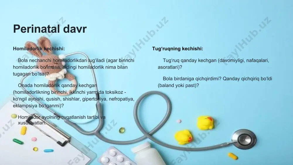 gan bo‘lsa, qanday sabablarga ko‘ra? (olingan ma’lumotlar genetik xaritada aks ettiriladi). moddiy-maishiy sharoitlar: ota-ona qayerda ishlaydi, ularning kasbi nima? oila qanday sharoitlarda yashaydi: kvartira maydoni, quruq, yorug‘, issiq va hokazo. bola bolalar muassasalariga qatnaydimi? bolaga kim qaraydi? bolaning alohida yotog‘i bormi? bolani qanchalik tez-tez yuvintirishadi? u ichki kiyimlar, o‘yinchoqlar bilan ta’minlanganmi? bolani umumiy ko‘rikdan o‘tkazish tana harorati va termoregulyatsiya tug‘ilgandagi harorat: taxminan 37,2 °c. o‘tkinchi gipotermiya: tug‘ilgandan keyin 2-3 soat ichida harorat 1-2 °c ga pasayishi, keyinchalik hayotning 5-kuniga kelib 37,0 °c gacha asta-sekin ko‘tarilishi. o‘tkinchi isitma: hayotning 3-5 kunida yangi tug‘ilgan chaqaloqlarning 0,3-0,5% da haroratning 38-39 °c gacha ko‘tarilishi. sabab: issiqlikni boshqarish markazining yetilmaganligi hamda issiqlik hosil bo‘lishi va chiqarilishining buzilishi. haroratning sutkalik o‘zgarishi: 2-3 oy davomida 0,6 °c gacha. 3-5 yoshda 1,0 °s ga yetadi. eng yuqori: 17-19 soat; eng past: ertalab soat 4-7. markaziy termoregulyator: gipotalamik markazlar. issiqlik ishlab chiqarishni boshqarish (kimyoviy): asosan gipotalamusning orqa yadrolari. issiqlik …