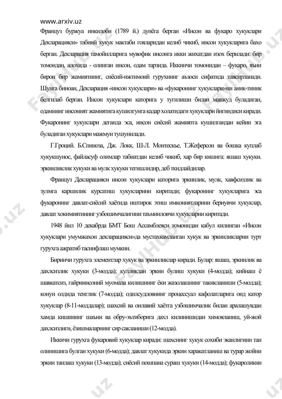 афолатларига оид катор хукуклар (8-11-моддалар); шахсий ва оилавий хаётга узбошимчалик билан аралашувдан хамда кишининг шаъни ва обру-эътиборига дахл килинишидан химояланиш, уй-жой дахлсизлиги, ёзишмаларнинг сир сакланиши (12-модда). иккичи гурухга фукаровий хукуклар киради: шахснинг хукук сохиби эканлигини тан олинишига булган хукуки (6-модда); давлат хукукида эркин харакатланиш ва турар жойни эркин танлаш хукуки (13-модда); сиёсий пошпана сураш хукуки (14-модда); фукароликни олиш хукуки (15-модда); никохга кириш ва оила куриш хукуки (16-модда); мулкка эга булиш хукуки (17-модда). учинчи гурухга сиёсий хукук ва эркинликлар киради: фикрлаш, виждон, дин эркинлиги (18-модда); эътикод ва уни баён этиш эркинлиги (19-модда); тинч йигилишлар утказиш ва уюшмаларга бирлашиш эркинлиги (20-модда); мамлакатни бошкаришда иштирок этиш хукуки (21-модда). нихоят, туртинчи гурух иктисодий, ижтимоий ва маданий хукуклар, яъни, мехнат килиш ва эркин касб танлаш хукуки, тенг мехнат учун хак олиш хукуки, касаба уюшмаларига бирлашиш хукуки, дам олиш хукуки, муайян даражага булган хукук, илм олиш хукуки (22-28-моддалар). шахснинг давлатдаги хукукий макоми куйидаги асосий белги ва …