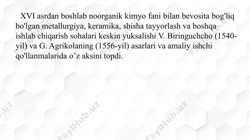 alar analizi (flogiston davri — xvii-xviii asrlar); - analitik kimyo fanining paydo bo'lish va rivojlanish davri (xviii asr ikkinchi yarmi-xx asrning birinchi yarmi ); zamonaviy ilmiy analitik kimyo fanining taraqqiyoti va turdosh fanlar sohasiga kirib borish davri (xx asr ikkinchi yarmi xxi asr boshi). xx asr ikkinchi qismi va xxi asr boshida rivojlanish dinamikasidan kelib chiqqan holda, analitik kimyo fani tarixini o'rganish quyidagi yo'nalishlarda olib borilishi maqsadga muvofiq: alohida analiz usulining yaratilishi va qo'llanilishi; alohida analiz obyektlarini kimyoviy tahlil etish; alohida mamlakatda analitik kimyo rivolanish xususiyatlari; yetakchi analitik olimlar hayoti, ijodi va merosini o'rganish; ilmiy jurnallar tahliliy ishlanmalari-obzorlarni o’rganish. image2.jpeg image3.jpeg image4.jpeg image5.png image6.png image7.png image8.png image1.jpg /docprops/thumbnail.jpeg
