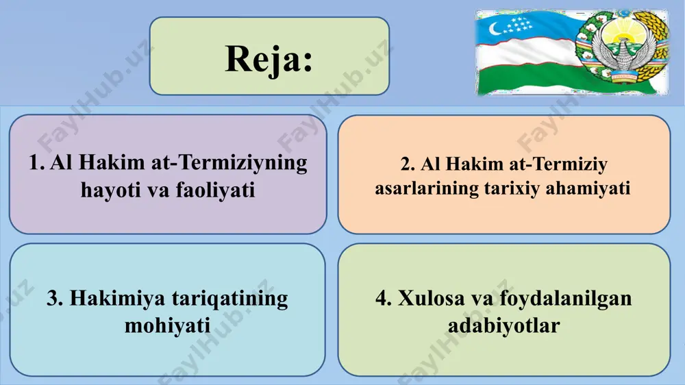 zning vafoti 872 yillar ekan. vafot etgan vaqtlari milodiy 869 yilga to‘g‘ri keladi. bu sana qabr toshida qayd etilgan. uning tarixi xv asrga borib taqaladi. hakim at-termiziy esa ix asrda yashagan zot. ammo u kishining vafotlaridan keyin qabr toshlariga vafot etgan sanalari raqam qilingan edi. akademik bartold ham mazkur sanaga shubha qilmagan edi. tojikiston sharqshunoslik institutining qo’lyozmalar zaxirasida 3765f12 raqami ostidsa saqlanayotgan allomaning “navruznoma” asarida alohida harflar bilan ta’kid qilingan: “alloh taolo menga bir yuzi yigirma yil umr ato etdi”. agar mazkur ko‘rsatma haqiqat va rost bo‘lsa, hakimning tavallud topgan yili 749 bo‘ladi al hakim at-termiziy abu bakr varroq termiziy “avliyolar muallimi”. to‘liq ismi al-jullobiy: “abu abdulloh muhammad bin ali at- termiziy” attor: “muhammad bin ali at-termiziy” “navruznoma”: “xoja abdulloh muhammad bin ali bin hasan bin bushr al-hakim at- termiziy” “al-hakim” unvoni “al-hakim so‘zi ilmiy unvon bo‘lib, u kishining hakimiyalik tariqatiga oid bo‘lgan yoxud nisbat berilgan nomdir. ayni paytda bu …