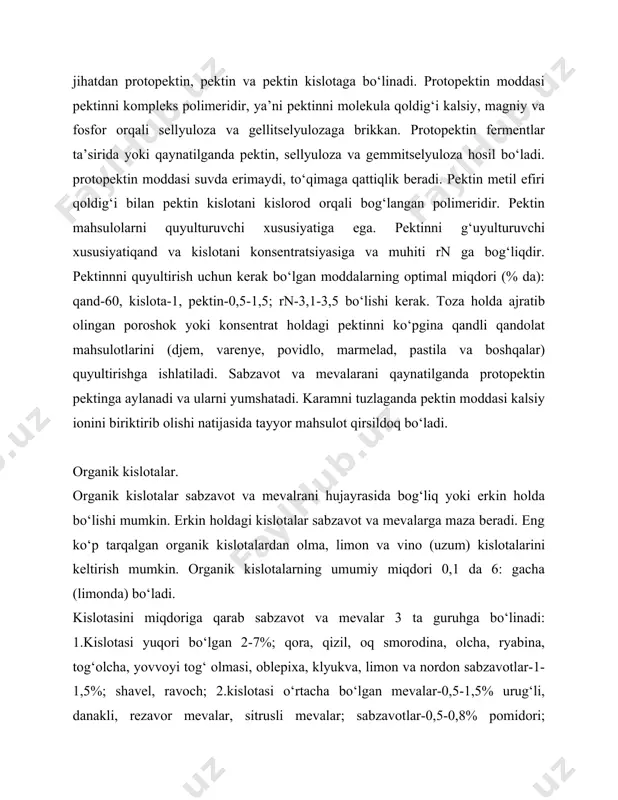 0,1-0,2%, shavel, ravoch va pomidordan boshqa hamma sabzavotlar. sabzavot va mevalarni nordonligi kislotalarni miqdoriga va sifatiga bog‘liq bo‘ladi. sabzavot va mevalraning mazasini obyektiv baholash uchun qandni shirinlik darajsini hisobga olgan qand kislota koeffitsiyenti hisoblanadi. kkk= s glyukoza*100+s fruktoza*200+s saxaroza*145/ s kislota bu yerda: s-moddaning miqdori, %, organik kislotalar mevani to‘qimasida turli miqdorda tarqalgan bo‘lib, po‘sti va urug‘ida kamroq, mag‘zida ko‘proqdir. azotli moddalar. azotli moddalarga oqsil va azot tutuvchi boshqa moddalar kiradi. azotli moddalar sabzavot va boshqa mevalar tarkibida nisbatan kam (0,6-7%) bo‘lsa ham ularni hayot faoliyatida katta ahamiyatga ega. maslina va dukkaklilar tarkibidagi oqsilni msiqdori (4-6%) bo‘lib alohida ajralib turadi. sabzavot va mevalara oqsildan tashqari yana erkin holdagi amonokislotalar, fermentlar, nuklein kislota, amidlar, glikozidlar, nitratlar va boshqalarni o‘zida saqlaydi. amonokislotalar modda almashinuvida aktiv qatnashadi va oqsilni sintez bo‘lishida ishtirok etadi. sabzavot va mevalarni saqlash davrida tinimsiz oqsilni gidrolizi (amonokislotagacha) va qaytar jarayon-amonokislotalardan oqsil sintez bo‘lishi jarayoni ketadi. sabzavot va mevalrani …