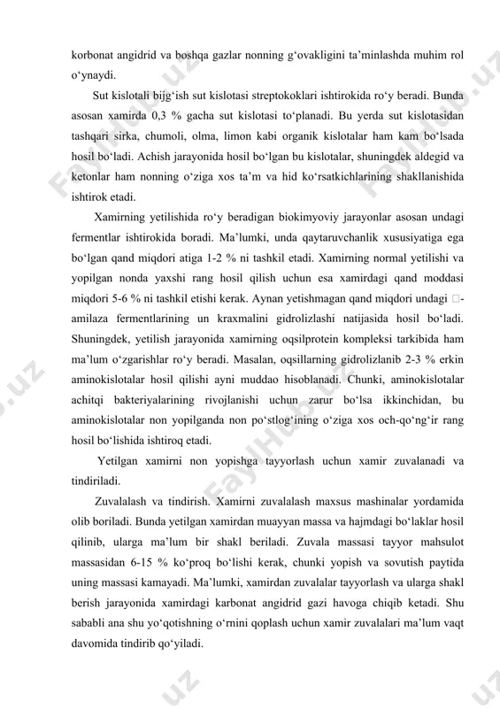 maxsus mashinalar yordamida olib boriladi. bunda yetilgan xamirdan muayyan massa va hajmdagi bo‘laklar hosil qilinib, ularga ma’lum bir shakl beriladi. zuvala massasi tayyor mahsulot massasidan 6-15 % ko‘proq bo‘lishi kerak, chunki yopish va sovutish paytida uning massasi kamayadi. ma’lumki, xamirdan zuvalalar tayyorlash va ularga shakl berish jarayonida xamirdagi karbonat angidrid gazi havoga chiqib ketadi. shu sababli ana shu yo‘qotishning o‘rnini qoplash uchun xamir zuvalalari ma’lum vaqt davomida tindirib qo‘yiladi. tindirish jarayoni xamirni maxsus xonalarda 35-400s haroratda 25-50 daqiqa davomida ushlab turishdan iboratdir. bu vaqt davomida xamirda bijg‘ish davom etadi. hosil bo‘lgan korbonat angidrid gazi xamirni g‘avakdor qilib, uning hajmini oshiradi. tindirish jarayonining to‘liq o‘tkazilmasligi va keragidan ortiqcha o‘tkazilishi nonning sifatiga ta’sir ko‘rsatadi. shundan keyin esa asosiy jarayon non yopish amalga oshiriladi. non yopish. pishirish uzoq davom etadigan non yopish jarayonining tugallash bosqichi hisoblanadi. non pishirish nonning shakli, massasi va retsepturasiga qarab maxsus pechlarda 200-2500s haroratda 12 daqiqadan 80 daqiqagacha vaqt …