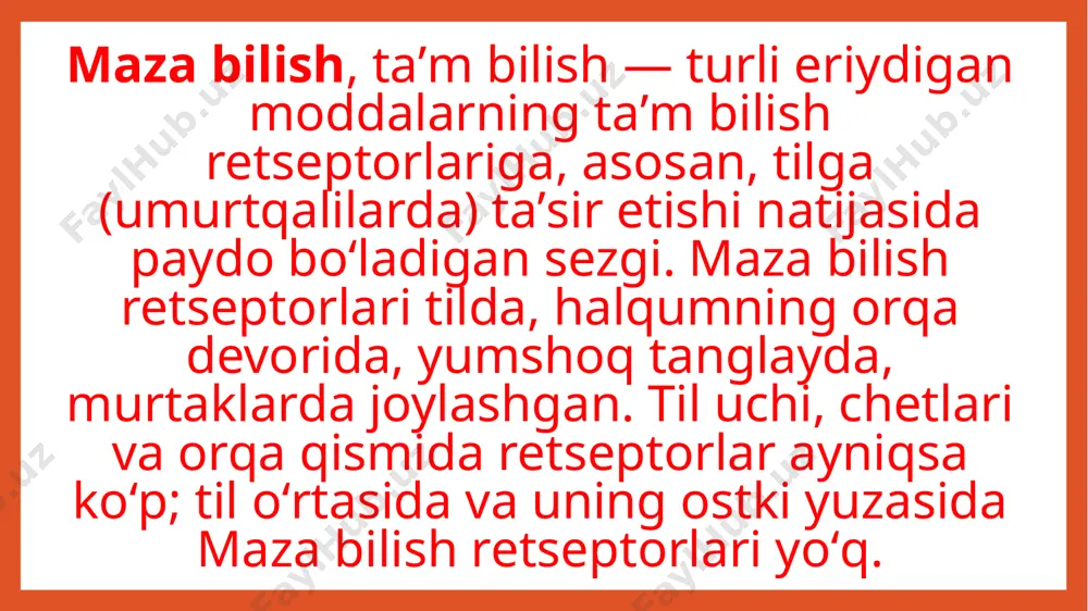 shovchi umurtqalilarda til harakatchan, u ovqatni tutadi, ogʻiz boʻshligʻiga suradi, nafas yoʻlini berkitadi va h.k. tilda koʻpgina bezlar va taʼm bilish retseptorlari rivojlangan. suvda va quruqlikda yashovchilarda esa shilliq parda burmasidan tashqari, til tarkibiga kiradigan bezlar ham bor. sudralib yuruvchilar t.ining shakli va harakatlanishi turlicha (mas., toshbaqa va timsohlar tili kam harakatlanadi; koʻpchilik kaltakesak va ilonlar tili uzun va harakatchan). qushlar t.ining shakli har xil, odatda, shox qatlami juda rivojlangan, kam harakat. sut emizuvchilar tili yaxshi taraqqiy etgan, harakatchan, bezlari hamda soʻrgʻichlari koʻp va ovqatni chaynash, yutish, taʼm bilish, baʼzan ovoz chiqarishda ham ishtirok etadi. odam tili — shilliq parda bilan qoplangan muskuldan iborat. ovqatni chaynash, yutish va gagshrishda qatnashadi. t. 3 qism: tor qismi — til uchi, birmuncha keng va qalinroq qismi — til negizi (ildizi), bu 2 qism oʻrtasi — til tanasiga boʻlinadi. t.ning ogʻiz boʻshligʻi bilan halqumga tomon qismi oʻrtasida koʻr teshik, undan til uchiga tomon yoʻnalgan …