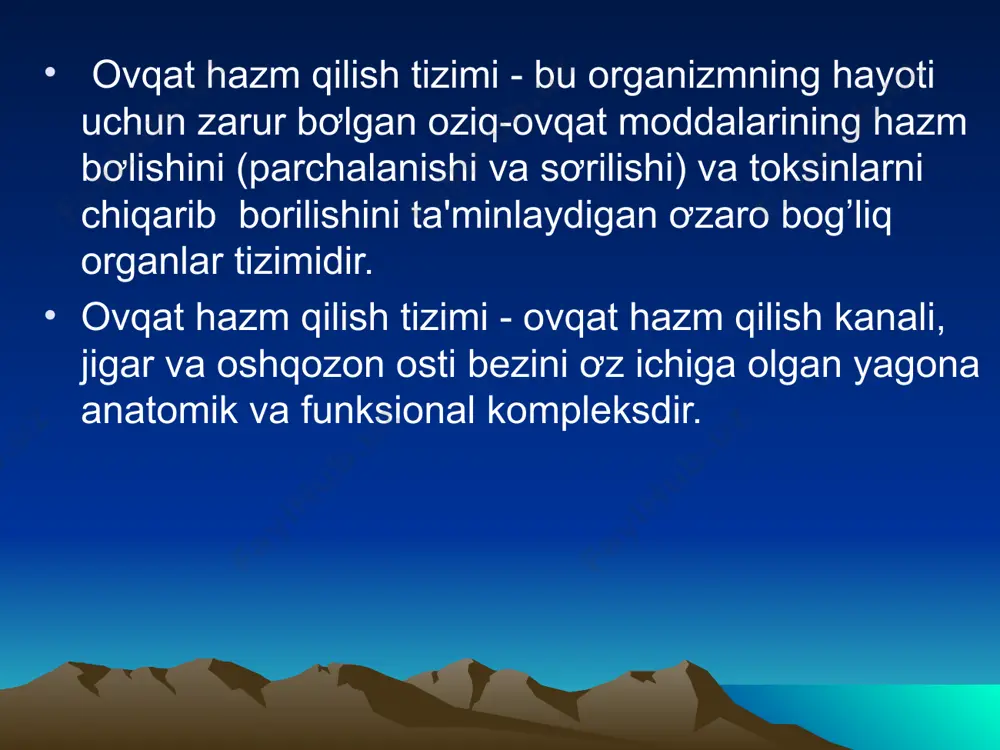 laydi. * tanglay (palatum) qattiq: oldingi 2/3 egalaydi yumshoq: orqadagi 1/3 egallaydi tanglayning yumshoq muskullari yumshoq tanglayning muskullari: 1. tanglay pardasimon tarang tortiluvchi muskuli: juft 2. tanglay pardasimon kơtariluvchi muskuli : juft 4. til-tanglay muskuli: juft 5. til muskuli: juft 6. tanglay-halqum muskuli: juft tishlar (dentes) toji bo’yni ildizi emal’ dentin paylar pulpa tish ildizi kanali kurak (2) qoziq (1) kichik oziq (2) katta oziq (3) sement tishlar doimiy va sut tishlariga bơlib ơrganiladi. doimiy tishlar katta yoshdagilarda uchraydi va umrining oxirigacha almashmaydi. ularning soni 32 ta bơlib, yuqori va pastki jag’larga 16 tadan joylashadi. sut tishlari chiqishi 6-7 oylikdan boshlanib, 3 yoshda tugaydi. yosh bolalarda 20 ta sut tishlari bơladi. 6-7 yoshdan to 12-13 yoshlarda sut tishlari doimiy tishlarga aylanadi. tish formulasi: sut doimiy 20122102 32122123 20122102 32122123 тil (lingua) tilning sơrğichlari: - ipsimon (til tana qismining deyarli hamma yuzasida (2,4)); - qơziqorinsimon (tilning ustki qismi va qirralarida (6)); …