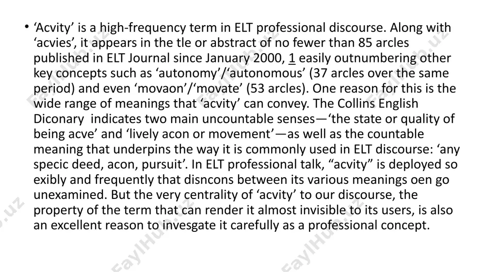 tory of education as far as rousseau. even more specific descriptions of an ‘activity’ are those that seek to closely specify its characteristics and offer a typology of its instances. harmer’s description includes the criteria that a ‘communicative activity’ should: have an identifiable communicative purpose; give learners a desire to communicate; and require a focus on content rather than form. a ‘describe and draw’ pair work game is offered as the activity that most fully meets these communicative requirements. ur offers several characteristics of a ‘good’ practice activity. these include the stipulations of ‘validity’ (addressing the language or skill it purports to practise), success-orientation, ‘heterogeneity’ (being manageable by all of the learners in a group), and interest. a more recent list of speaking activity categories is provided by harmer, who mentions: acting from a script, communication games, discussion, prepared talks, questionnaires, and simulations and role-plays as common activity types. while …