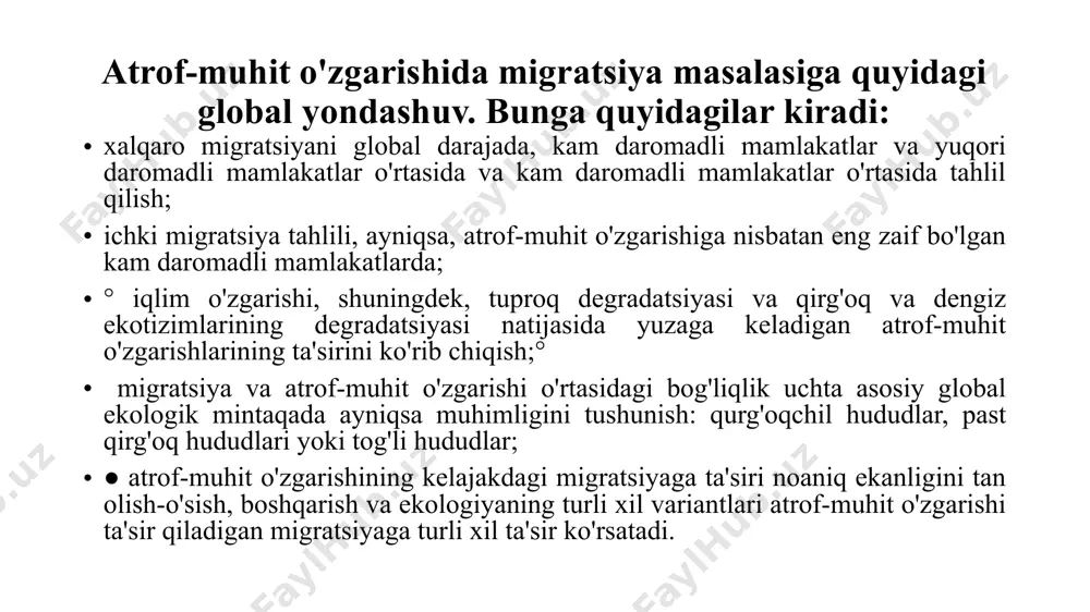 engiz sathi yana ko'tarilib, tez sur'atlar bilan o'sib bormoqda. faqatgina 20-asrda okean taxminan 17 sm ga ko'tarildi va 2016 yildan boshlab yuqori bar har yili 3,4 mm ga siljiydi. olimlar 2100 yilga kelib dengiz sathi bir metrdan oshishini taxmin qilishmoqda. shu bilan birga, barcha qirg'oq qishloq xo'jaligi va shahar infratuzilmasi okeanning doimiyligiga bog'liq — va u allaqachon nazoratdan chiqib ketgan va quruqlikni faol ravishda egallab olgan. ekologik yoki iqlimiymi? tabiiy muhitning o'zgarishi bilan bog'liq migratsiyalar doimo mavjudligini tushunish kerak. iqlim o'zgarishi jahon miqyosida keng muhokama qilinmaguncha, mutaxassislar "ekologik muhojirlar" (atrof-muhit muhojirlari) atamasidan foydalanganlar. ushbu ta'rif nafaqat ko'chib o'tishning iqlimiy sabablarini, balki odamlarning hayotiga salbiy ta'sir ko'rsatadigan boshqa atrof-muhit omillarini ham o'z ichiga olgan: ifloslanish, vulqon otilishi, eroziya va global isish bilan bog'liq bo'lmagan boshqa sabablar. endi xalqaro migratsiya tashkiloti (iom) ushbu atamani ishlatishda davom etmoqda, ammo faqat tavsiflovchi maqsadlarda — u qonuniy kuchga ega emas. xmtning zamonaviy ta'rifida shunday deyilgan:"atrof …