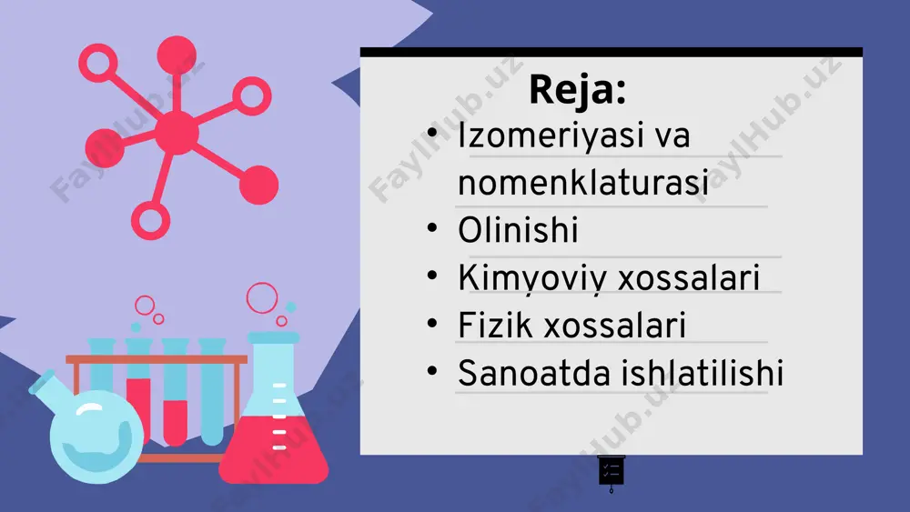 amda metallarni payvandlashda ham qo’llaniladi. tetraxlor etandan esa yog’lar va ko’plab organik moddalar erituvchisi hisoblanadi. sanoatda ishlatilishi atsitilen izopren olishda ishlatiladi. izoprendan esa sintetik kauchuk, yelim, plastmassa va qadoqlash mahsulotlari ishlab chiqarishda foydalaniladi. etilen turli kimyoviy moddalar olishda boshlang’ish mahsulot sifatida ishlatiladi. a l k n i krasvord 1. 2. 3 4. 5. krassvord savollari 1.undan sirka kislota, sintetik kauchuk, polivinil xlorid smolasi olinadi. unima? 2.c2h2 aktivlashtirilgan ko’mir katalizator ishtirokida qizdirilganda qaysi modda hosil bo’ladi? 3.etinni oksidlaganda qaysi kislota hosil bo’ladi? 4.etinga qaysi modda ta’sir ettirilganda akrilonitril hosil bo’ladi? 5.asitelinga suvni birikish reaksiyasini birinchi marta amalga oshirilgan olim familyasi? foydalanilgan adabiyotlar a.abdusamatov, ziyayev, mirzayev “organik kimyo” h.o’.xo’janiyozov “organik kimyo” ahmedov, u. b. - "organik birikmalar kimyosi" mamatov, n. i. - "kimyoviy texnologiyada organik birikmalar" musayev -“umumiy kimyo” pi bog’ni hosil qilish osonmi yoki sigma bog’nimi? alkinlarda birikish reaksiyasi nechi bosqichda amalga oshadi? alkinlarni qaysi vakillari suyuq moddalar hisoblanadi? metanni piroliz …