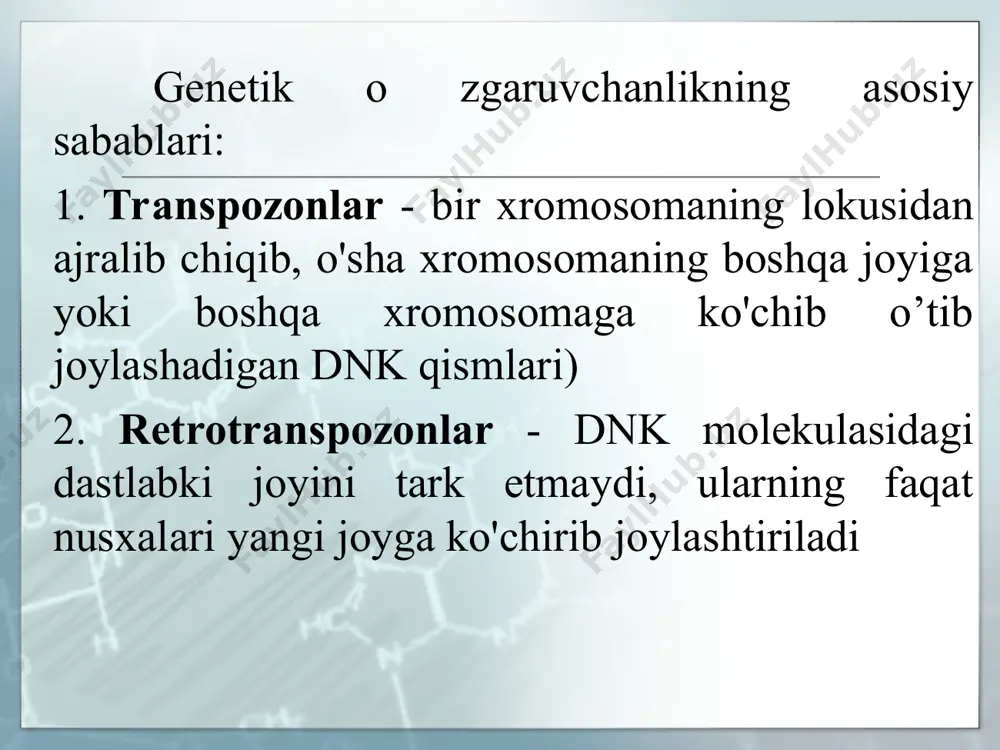 ofda joylashgan boshqa hujayralar tomonidan fagotsitozga uchraydi. apoptozning asosiy funksiyalari: hujayralarni zararlangan organellalardan himoya qilish; to'qimalami zararlangan hujayralardan himoya qilish; ontogenezda vaqtincha paydo bo'lgan to'qimalardan xalos bo'lish apoptoz bilan bog'liq fiziologik jarayonlar jarayon to'qima va hujayra turlari embriogenez, morfogenez turli turlar to'qimaviy gomeostaz qon yaratuvebi, limfoid, epitelial, gormonga bog'liq to'qimalar, fibroblastlar immun javobning to'xtashi t-limfo'sitlar, b-limfo'sitlar apoptozning kuchayishi bilan bog'liq patologik jarayonlar jarayon to'qima va hujayralar turlari vich-infeksiya t-limfotsitlar neyrodegenerativ kasalliklar (alsgeymer kasalligi, parkinson kasalligi va b.) neyronlar gematologik kasalliklar (anemiyalar, neytropeniyalar) qon yaratuvchi hujayralar ishemiya neyronlar, kardiomio'sitlar intoksikatsiya, gepatitlar gepatotsitlar ateroskleroz silliq mushak hujayralari katarakta gavhar hujayralari tireoidit tireotsitlar apoptozning susayishi bilan bog'liq patologik jarayonlar jarayon to'qima va hujayralar turlari neoplaziya limfomalar, karsinomalar, gormonga bog'liq o'smalar (sut bezi, prostata va tuxu- mdon raki) autoimmun kasalliklar t- va b-hujayralar, sinovial va epitelial hujayralar, fibroblastlar virusli infeksiyalar (adenoviruslar. epshteyn-barr (b-hujayralar), gefes) limfoid va epitelial hujayralar mutatsiya turi mutatsion o'zgarishlar xarakteri mutatsiya …