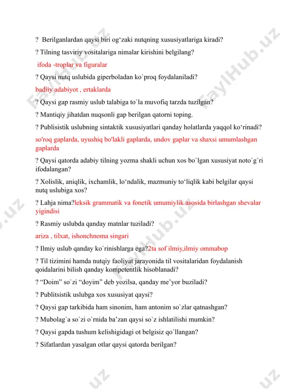 gi qo`shma sifat berilgan? ? qaysi gapda juft fe’llardan hosil qilingan ravish mavjud? ? faqat birlikda qo‘llaniladigan otlar qatorini aniqlang? ? asliy sifatlar berilgan qatorni aniqlang?roq qoshimchasini olgan sifatlar ? asliy sifatlar qatorini toping masalan aqlliroq,yomonroq ? qaysi qatordagi gapda “bir” so‘zi gumon olmoshi ma’nosini ifodalaydi? ? quyidagi olmoshlardan qaysi biri egalik qo‘shimchasi bilan qo‘llanmaydi? ? belgilash olmoshi berilgan qatorni toping?hamma bari barcha ? so‘zlovchining nutqi odatda kishilik olmoshlarining qaysi biriga qaratilgan bo‘ladi?u olmoshiga ? qaysi olmosh o‘rnida “faqir”, “kamina” so‘zlari ma’nodosh (sinonim) sifatida qo‘llanishi mumkin?men olmoshi ? tinglovchiga ishora qiluvchi shaxs olmoshlarini belgilang?sen,siz ? tarkibida belgilash olmoshi mavjud gapni toping?har kim,hamma bari,barcha,butun sozlar bolishi kk ? qaysi qatorda belgilash olmoshi ishtirok etgan gap berilgan? ? qaysi gapda o‘zlik olmoshi hurmat ma’nosida qo‘llangan?òzlik olmoshi lar qoshimchasini olgan bolishi kk ? qaysi qatordagi gapda o`zlik olmoshi o`rnida kishilik olmoshini qo`llab bo`lmaydi? ? qaysi qatorda holat fe’llari berilgan?kuldi,uxladi muzladi,jimirladi ? qaysi qatorda …