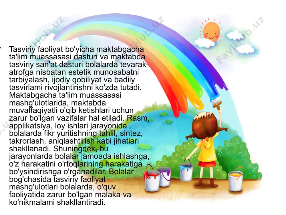 tish metodlari bolalaming xususiyatlarini hisobga olgan holda olib boriladi. katta maktabgacha tarbiya yoshidagi bolalar va kichik o'quvchilaming ish xususiyatlari o'rtasida ancha yaqinlik bor. shuning uchun u yoki bulami o'rgatish metodikasi o'rtasida ham ko'p o'xshashlik bor. maktabda o'qituvchining rasmini ba'zi bir elementini ko'rsatish va shu jarayonida tushuntirish tarbiyachining ish usullarini ko'rsatib berishga yaqin turadi. maktabda ishning ketma-ketligi tartibli ko'rinishda bo'ladi. agar tasvirlanayotgan predmetning tuzilishi sodda bo'lsa, tartib tushuntirilgandan so'ng, o'chirib tashlanadi. agar murakkab tuzilishga ega bo'lgan predmet tasvirlansa, o'qituvchining doskada ko'rsatib berishi bilan ketma-ket tasvirlanadi. . bolalami tasviriy san'atga o'rgatish metodlari bolalaming xususiyatlarini hisobga olgan holda olib boriladi. katta maktabgacha tarbiya yoshidagi bolalar va kichik o'quvchilaming ish xususiyatlari o'rtasida ancha yaqinlik bor. shuning uchun u yoki bulami o'rgatish metodikasi o'rtasida ham ko'p o'xshashlik bor. maktabda o'qituvchining rasmini ba'zi bir elementini ko'rsatish va shu jarayonida tushuntirish tarbiyachining ish usullarini ko'rsatib berishga yaqin turadi. maktabda ishning ketma-ketligi tartibli ko'rinishda bo'ladi. agar tasvirlanayotgan predmetning …