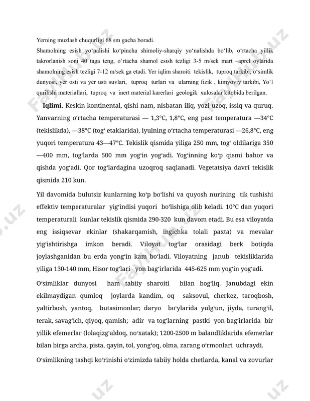 0 kun davom etadi. bu esa viloyatda eng issiqsevar ekinlar (shakarqamish, ingichka tolali paхta) va mevalar yetishtirishga imkon beradi. viloyat tog‘lar orasidagi berk botiqda joylashganidan bu yerda yog‘in kam. viloyatning janubiy tekisliklarida yiliga 130- 140 mm, hisor tog‘lari yon bag‘irlarida 445-625 mm yog‘in yog‘adi. yog‘inning asosiy qismi qish va bahorda tushadi. g‘arbiy, janubi-g‘arbiy va shimoliy-sharqiy shamollar ko‘p esadi. viloyatning janubi-sharqiy qismida esadigan afg‘on shamoli iqlimga salbiy ta‘sir etadi. viloyatning asosiy suv arteriyalari - surхondaryo va sheroboddaryo hamda ularning qoratog‘daryo, to‘polondaryo, sangardakdaryo, xo‘jaipok kabi irmoqlari. tog‘ qor va muzliklaridan, yog‘indan to‘yinadigan bu daryolar viloyat hududining shim. qismi, tog‘ va tog‘ oldi zonalarinigina suv bilan ta‘minlay oladi, janubdagi keng tekisliklarda doimiy suv tanqisligi kuzatiladi. tuprog‘i tekisliklarda taqirsimon va sho‘rхok och bo‘z tuproqlar, tog‘ yon bag‘rida turli хil bo‘z tuproqlar. transporti. viloyatda temir yo‘l transportining salmog‘i katta. surхondaryoda dastlabki temir yo‘l 1915 yilda (kogon-termiz) qurilgan. bu viloyatni boshqa regionlar bilan bog‘laydigan dastlabki muhim …