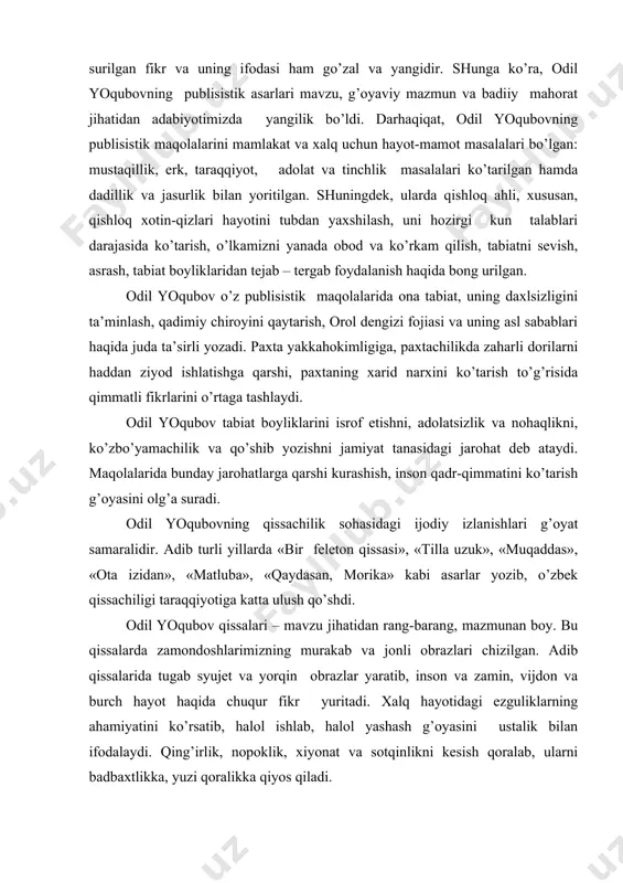 radi. odil yoqubovning qissachilik sohasidagi ijodiy izlanishlari g’oyat samaralidir. adib turli yillarda «bir feleton qissasi», «tilla uzuk», «muqaddas», «ota izidan», «matluba», «qaydasan, morika» kabi asarlar yozib, o’zbek qissachiligi taraqqiyotiga katta ulush qo’shdi. odil yoqubov qissalari – mavzu jihatidan rang-barang, mazmunan boy. bu qissalarda zamondoshlarimizning murakab va jonli obrazlari chizilgan. adib qissalarida tugab syujet va yorqin obrazlar yaratib, inson va zamin, vijdon va burch hayot haqida chuqur fikr yuritadi. xalq hayotidagi ezguliklarning ahamiyatini ko’rsatib, halol ishlab, halol yashash g’oyasini ustalik bilan ifodalaydi. qing’irlik, nopoklik, xiyonat va sotqinlikni kesish qoralab, ularni badbaxtlikka, yuzi qoralikka qiyos qiladi. shunisi muhimki, odil yoqubov qissalarida adolat va haqqoniyat, halollik va sadoqatning xiyonat, fitna-fasod, tuhmat, hiyla-yu mahr ustidan g’alabasi quruq bayon etilmaydi. aksincha, badiiy tarzda, to’laqonli obrazlar vositasida jonli va tabiiy qilib ifodalanadi. odil yoqubovni yozuvchi sifatida elga tanitgan asar 1961 yili e’lon qilingan «muqaddas» qissasi bo’ldi. «tengdoshlar»dan, «muqaddas» qissasiga qadar o’tgan o’n yillik davr go’yoki topish …