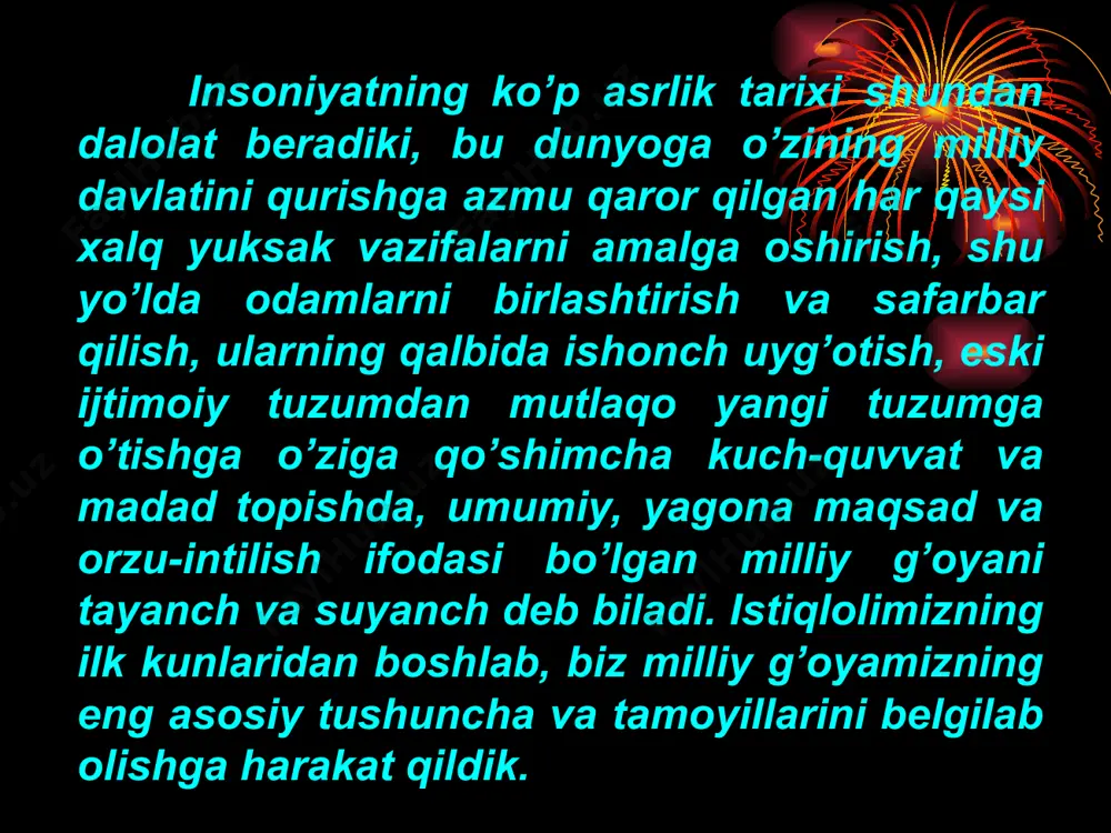 . vatan insonning g`ururi timsoli. har kim vatani misolida o`zining, xalqining baxtini ko`radi, uning tabiati, havosi, odamlari yoshligimizdan har birimizni ma`naviyatimiz, fazilatlarimizni shakllantirishga xizmat qiladi. vatan ozod bo`lsa, xalq ham ozod. vatan ravnaq topsa, xalq ham farovon bo`ladi. vatan inson uchun eng muqaddas maskan hisoblanadi. shuning uchun prezident islom karimov: “vatan sajdagoh kabi muqaddasdir”,- degan. shoirlarimiz vatanni inson hayotining ma`no - mazmunini belgilaydigan qadriyat deb bilgan. chunonchi, buyuk mutafakkir bobomiz alisher navoiy “vatan tarkini bir nafas aylama, yana ranji g`urbat xavas aylama” deb nasixat qilganlar, ya`ni shoir vatandan tashqarida baxt ham, tole ham yo`q, inson faqat o`z yurtida murodga yetadi, demoqda. xalq farovonligi xalq farovonligi deganda odamlarning munosib turmush sharoiti, iqtisodiy jihatdan to`la-to`kis yashashni, taraqqiyot taqozo etgan eng zarur moddiy imkoniyatlarga ega bo`lishi tushuniladi. mamlakatimizda amalga oshirilayotgan islohotlar aynan ana shu maqsadga qaratilgan. lekin xalq farovonligiga erishish uchun odamlarning bunyodkorlik salohiyatini ishga solish, ularning ongini islohotlar ishtirokchisiga aylantirish zarur., buning …