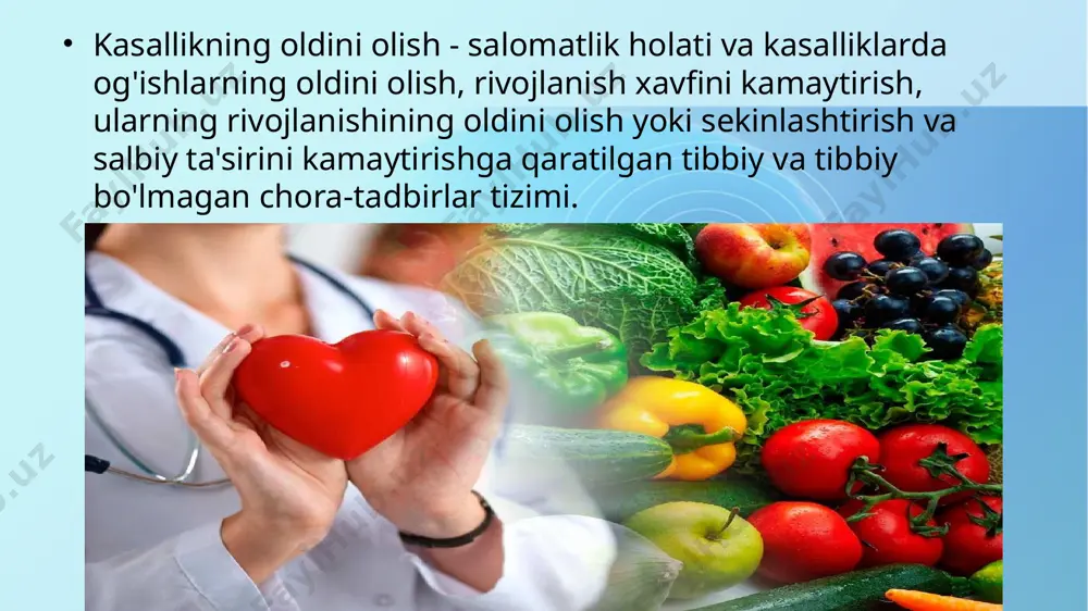 заболеваний и уведомление о них сэс, организация изоляции больных, наблюдение за контактными и выздоравливающими, организация текущей дезинфекции). oldini olish usullari: birlamchi (emlashlar, aholini gigienik tarbiyalash, sog'lom odamlarni va ularga ta'sir qiluvchi xavf omillari bo'lgan shaxslarni dispanser kuzatuvi, sanitariya va epidemiyaga qarshi choralar) b) ikkilamchi (yuqumli kasalliklarni o'z vaqtida aniqlash va ular haqida sesni xabardor qilish, bemorlarni izolyatsiya qilishni tashkil etish, kontaktlar va rekonvalesentlarni kuzatish, joriy dezinfeksiyani tashkil etish). ikkilamchi profilaktika вторичная профилактика ― это комплекс мероприятий по устранению выраженных факторов риска, которые при определенных условиях (снижение иммунного статуса, перенапряжение, адаптационный срыв) могут привести к возникновению, обострению или рецидиву заболевания. наиболее эффективным методом вторичной профилактики является диспансеризация, как комплексный метод раннего выявления заболеваний, динамического наблюдения, направленного лечения, рационального последовательного оздоровления. вторичная профилактика включает в себя изучение не только этиологического фактора, но и постоянное тщательное медицинское обследование внешне здоровых людей (профилактические осмотры, диспансеризация). ikkilamchi profilaktika - bu ma'lum sharoitlarda (immunitetning pasayishi, ortiqcha …