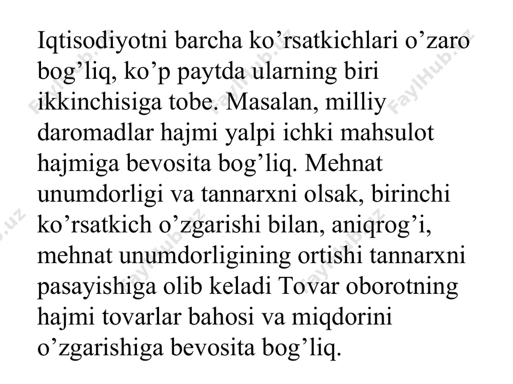 анда богланиш тескари булади. масалан, 1 га майдонга солинадиган угит микдорини (х) ошириш хисобига хосилдорликни чексиз устириб бўлмайди, чунки уритнинг микдори оптимал даражага (х опт) етгунча ҳосилдорлик ортиб бороли, сунгра унинг кушимча микдори хосилдорликни пасайтиради. демак, хосилдорлик (у) билан 1 га майдонга солинган уритнинг микдори уртасидаги богланиш 0 b holatda i=o bo’ladi, chunki muvofiqli belgilar soni muvofiqli bo’lmagan belgilar sonidan ko’p bo’lib, bog’lanishning to’g’ri chiziqli ekanidan dalolat beradi va aksincha a=b holatda i=o bo’lib, belgilar o’rtasida bog’lanish yo’qligidan dalolat beradi. spirmen koeffitsienti birlamchi ma’lumotlarga asoslanib emas, balki o’sib borishi bo’yicha tartibga solingan ikkala belgi (x,y) ning tutgan o’rinlariga asoslanib aniqlanadi: rxy =1-(6∑d²)/n(n²-1). bu yerda: d²-belgilar o’rtasidagi tafovutlar kvadrati; n-kuzatish birliklari. bu koeffitsient qiymati ham -1 bilan +1 oralig’ida yotadi. agar har ikkila rang belgilari bir-biriga mos tushsa, u holda ∑d²=0, rang koeffitsienti esa p=-1 bo’lib bog’lanish to’la to’g’ri chiziqli bo’ladi. agar p=-1 bo’lsa, bog’lanish to’la to’g’ri chiziqli ekanligidan va p=0 …