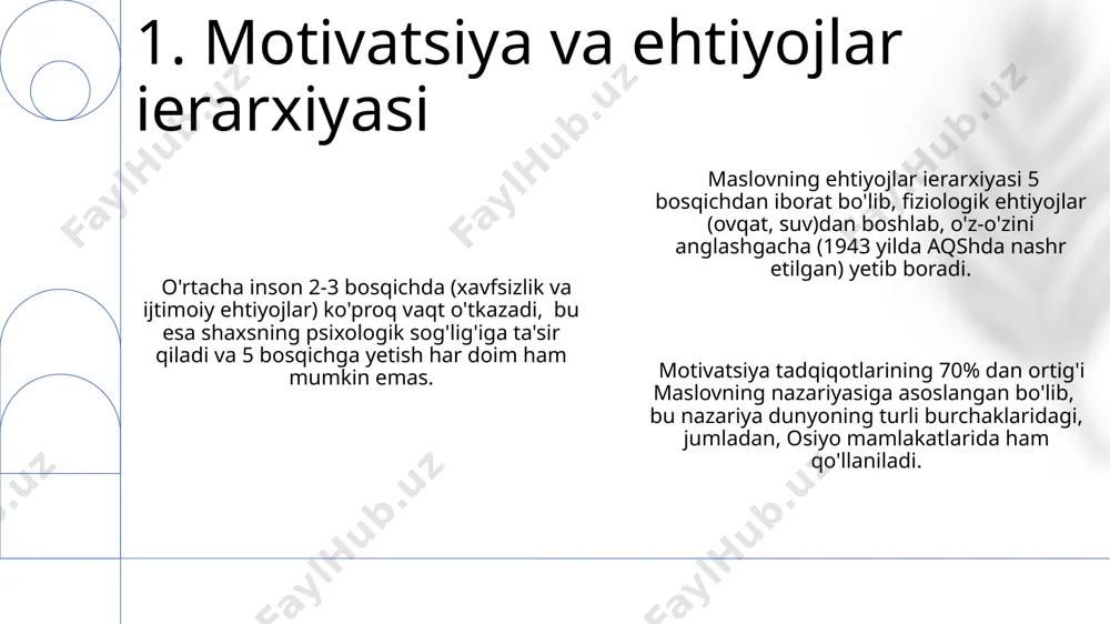 ta bo'lib, bu davrda o'ziga xos o'ziga xoslik hissi shakllanadi. o'zbekistonning turli hududlarida o'tkazilgan tadqiqotlar shuni ko'rsatadiki, 70% dan ortiq yoshlar o'zlarining potentsialini to'liq ro'yobga chiqarish uchun qo'shimcha resurslarga muhtoj. abraham maslowning ehtiyojlar ierarxiyasi nazariyasi bo'yicha, o'z-o'zini anglashga erishish, shaxsning to'liq rivojlanishi uchun muhim omil hisoblanib, bu jarayon 30 yoshdan keyin tezlashadi. 7. shaxsning o'sishi va rivojlanishi evropada, ayniqsa germaniyada, insonparvar psixologiyaning ekzistensializm va fenomenologiya bilan bog'liqligi 1980-yillarda ba'zi nazariy va amaliy cheklovlarni o'z ichiga olgan holda muhokama qilindi. insonparvar psixologiyaning 20-asrning 60-yillarida aqshda paydo bo'lishi, maslow va rogers kabi shaxslarning nazariyalari orqali insonning o'ziga xosligini ta'kidlashga qaratilgan tanqidlarga sabab bo'ldi. gumanistik psixologiyaning ijtimoiy-madaniy kontekstni yetarlicha hisobga olmasligi, ayniqsa 3-dunyo mamlakatlari kontekstida, ba'zi mutaxassislar tomonidan 1970-yillarda qattiq tanqid qilindi. 8. tanqid va muhokamalar inkongruentsiya esa, shaxsning o‘ziga bo‘lgan tasavvuri (ideal men) va haqiqiy “men”i o‘rtasidagi nomuvofiqlikni, masalan, amerikalik psixolog karl rogers tomonidan 1950-yillarda o'rganilganidek, aks ettiradi. kongruentsiya shaxsning o‘z-o‘zini qabul …