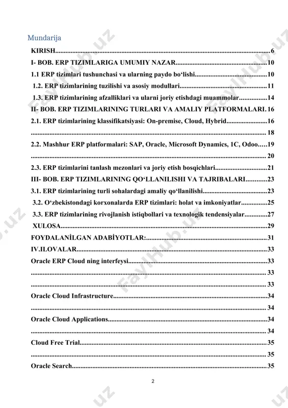 ng kelajakdagi texnologik tendensiyalari, sun’iy intellekt va iot kabi innovatsion texnologiyalar bilan integratsiyasi jarayonlarini o‘rganishdir. ushbu loyiha korxonalarga erp tizimlaridan samarali foydalanish, texnologik yangiliklarni o‘z faoliyatiga integratsiya qilish va raqobatbardoshligini oshirish bo‘yicha konkret tavsiyalar beradi. annotatsiya данный курсовой проект посвящен теме «erp системы и их применение» и направлен на анализ основных понятий erp систем, их структуры, преимуществ, типов и проблем внедрения. в проекте рассматривается роль erp систем в оптимизации бизнес-процессов и эффективном управлении, а также преимущества и недостатки их применения в различных отраслях. рассматриваются такие типы erp систем, как on-premise, облачные и гибридные, а также их особенности и области применения. в курсовом проекте также исследуются популярные erp платформы, такие как sap, oracle, microsoft dynamics и odoo, и их применение в различных сферах. проект изучает внедрение erp систем в предприятиях узбекистана и возможности их развития, а также критерии выбора erp систем, этапы их внедрения и проблемы, с которыми сталкиваются компании при …